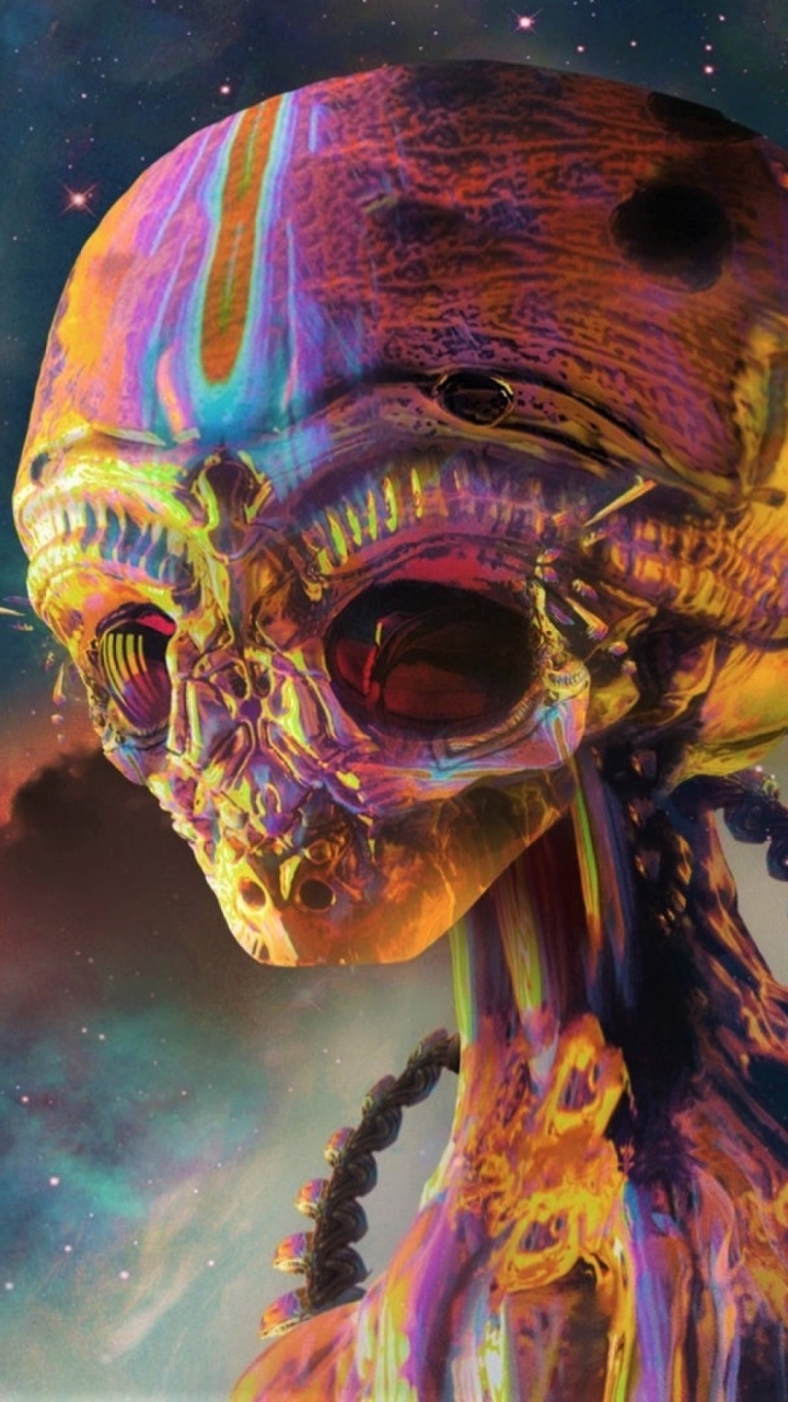 Download mobile wallpaper Alien, Head, Colorful, Sci Fi, Skeleton, Psychedelic for free.