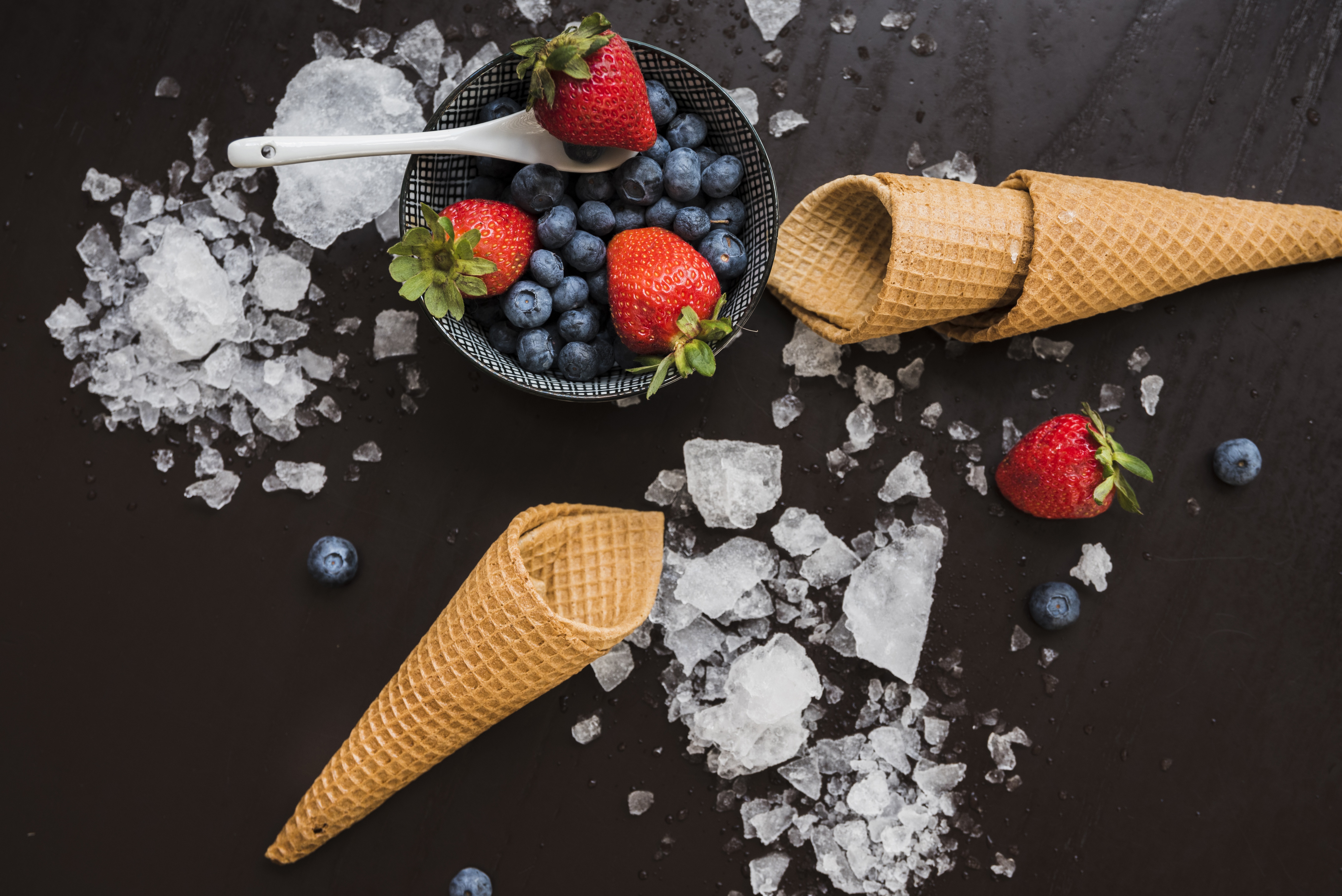 Download mobile wallpaper Food, Strawberry, Blueberry, Still Life, Berry, Fruit, Waffle Cone for free.