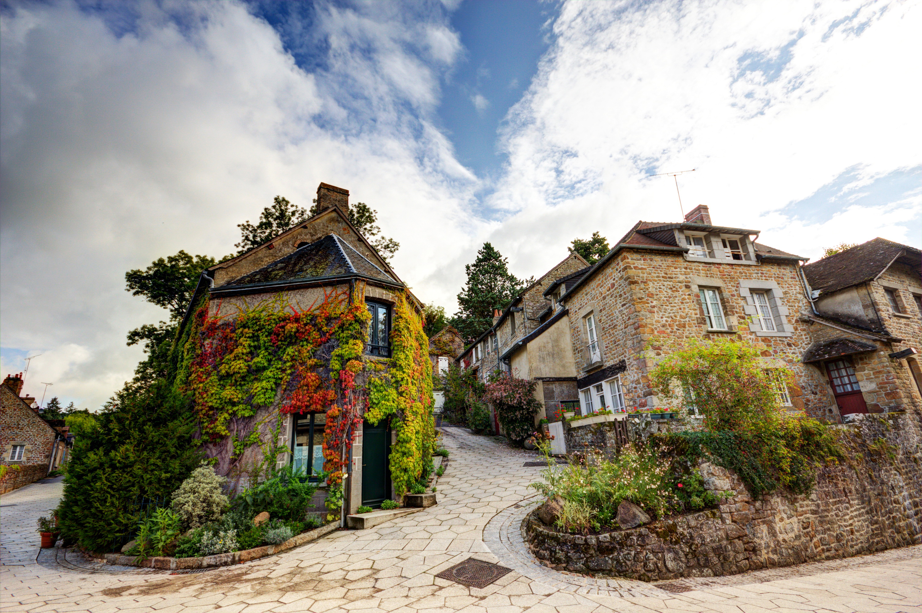 Download mobile wallpaper Road, House, Village, France, Stone, Man Made for free.