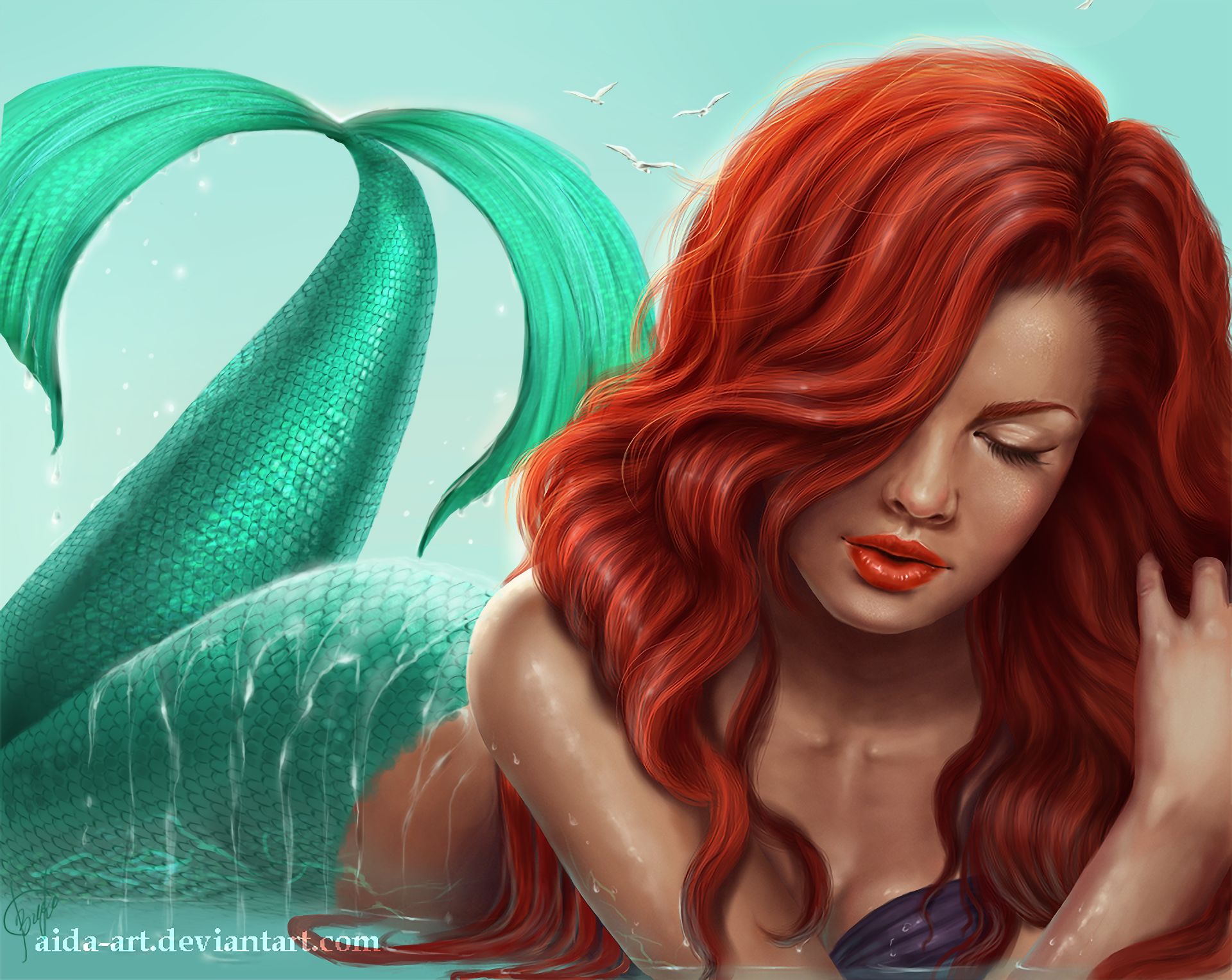 Mobile wallpaper fantasy, mermaid, ariel (the little mermaid), lipstick, red hair, tail