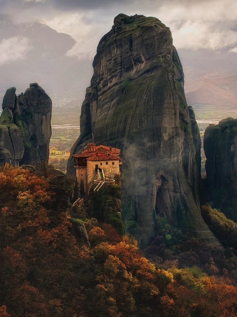Download mobile wallpaper Mountain, Forest, Fall, Cliff, Meteora, Greece, Religious for free.