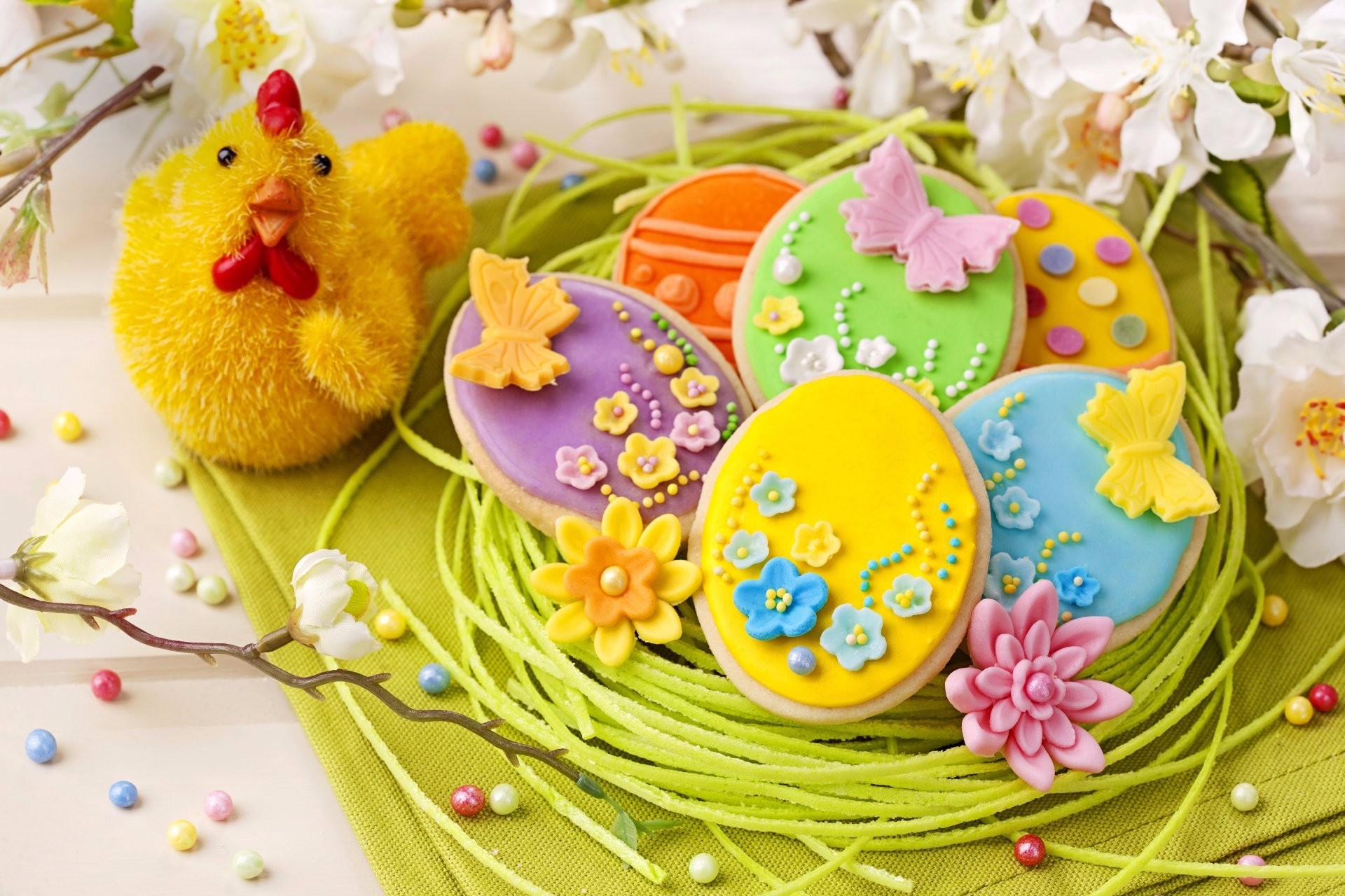 Download mobile wallpaper Easter, Holiday, Colorful, Chick, Cookie, Blossom for free.