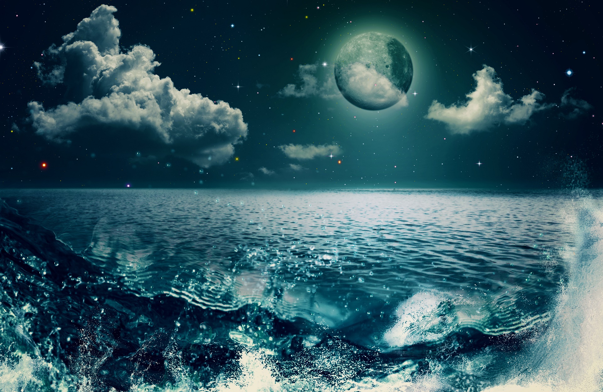 Download mobile wallpaper Water, Moon, Ocean, Artistic, Wave for free.