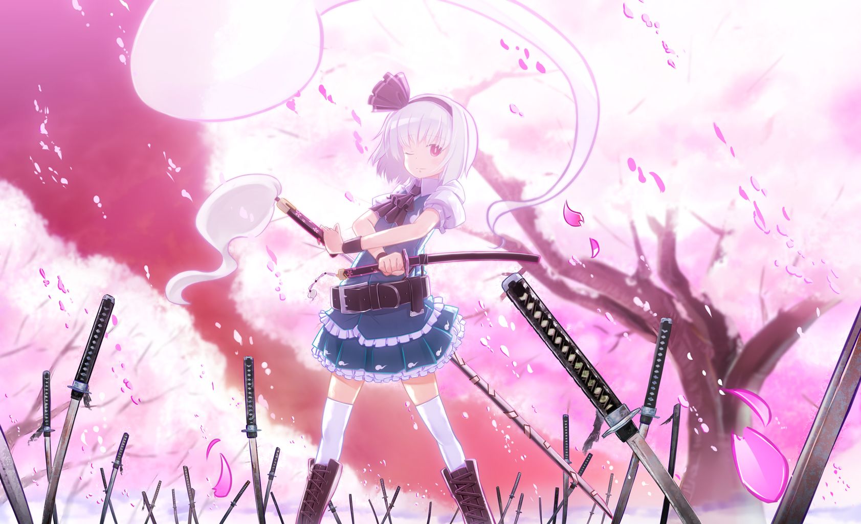 Download mobile wallpaper Anime, Sky, Tree, Petal, Sword, Cherry Blossom, Touhou, Short Hair, Youmu Konpaku for free.