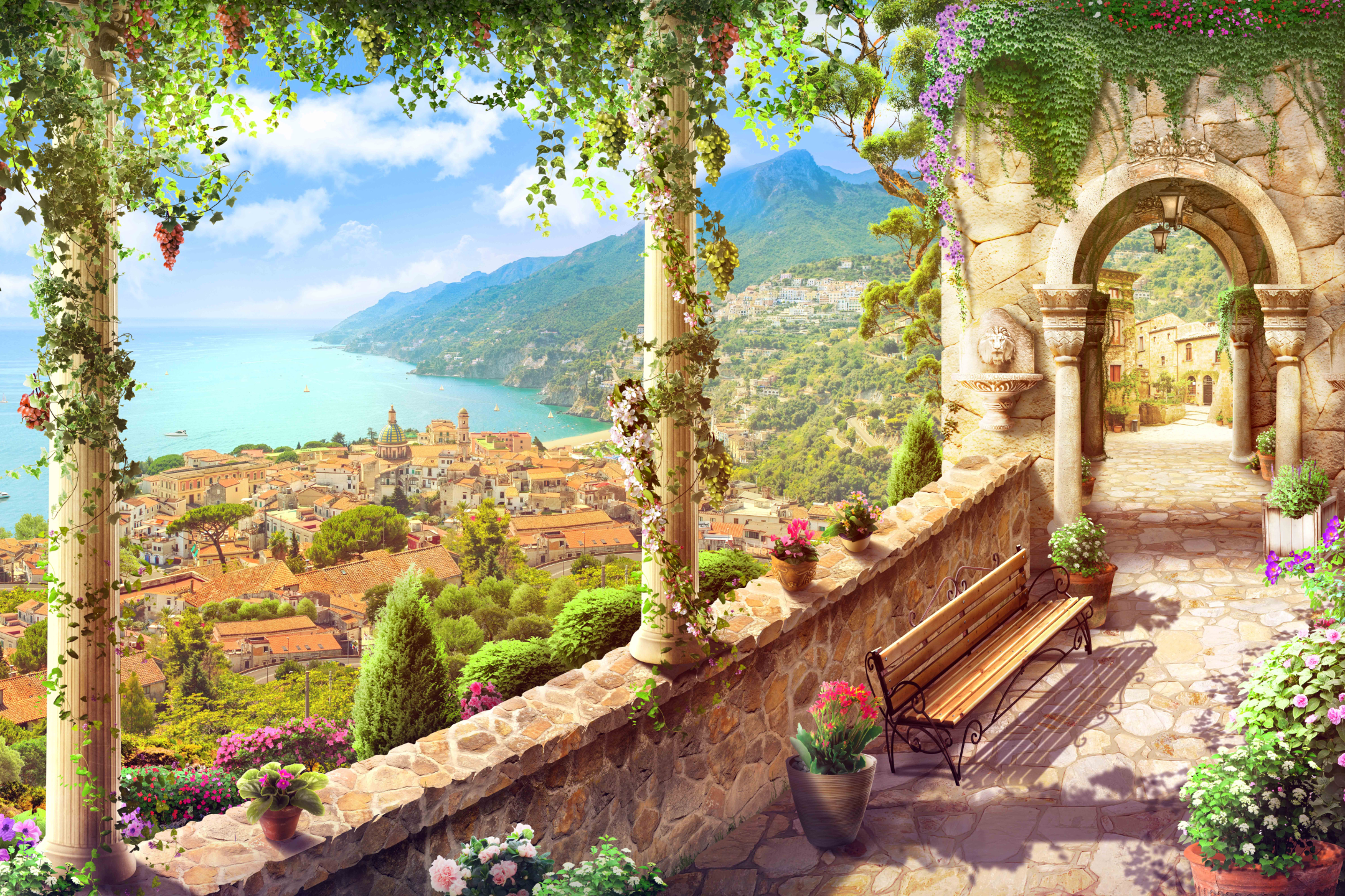 Laden Sie das Italien, Stadt, Malerei, Säulen, Stadt Dorf, Künstlerisch-Bild kostenlos auf Ihren PC-Desktop herunter