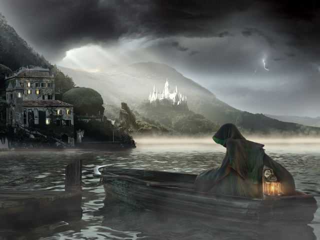 Download mobile wallpaper Night, Lake, Dark, House, Boat, Grim Reaper for free.