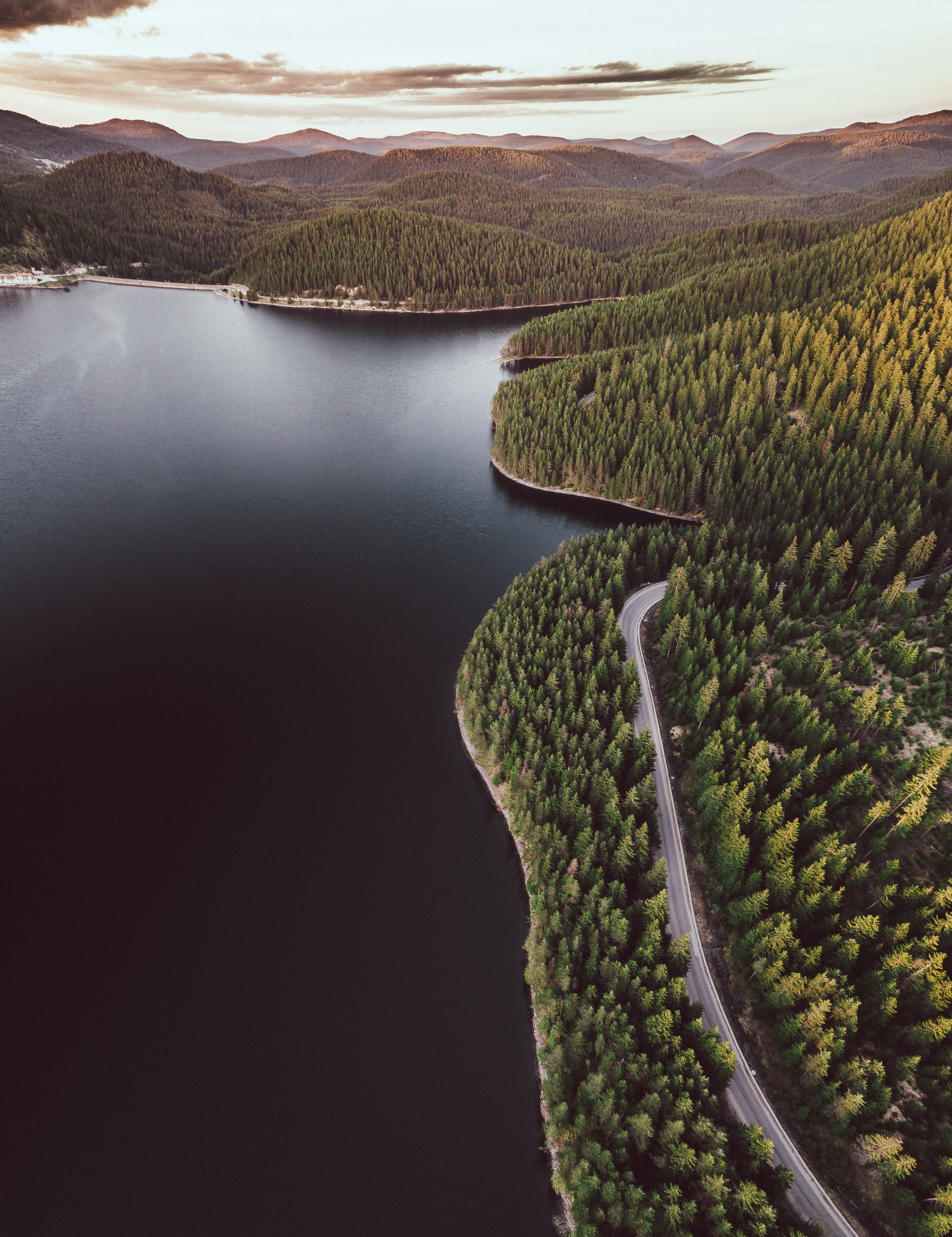 shore, nature, view from above, lake, bank, road, forest, hills phone wallpaper