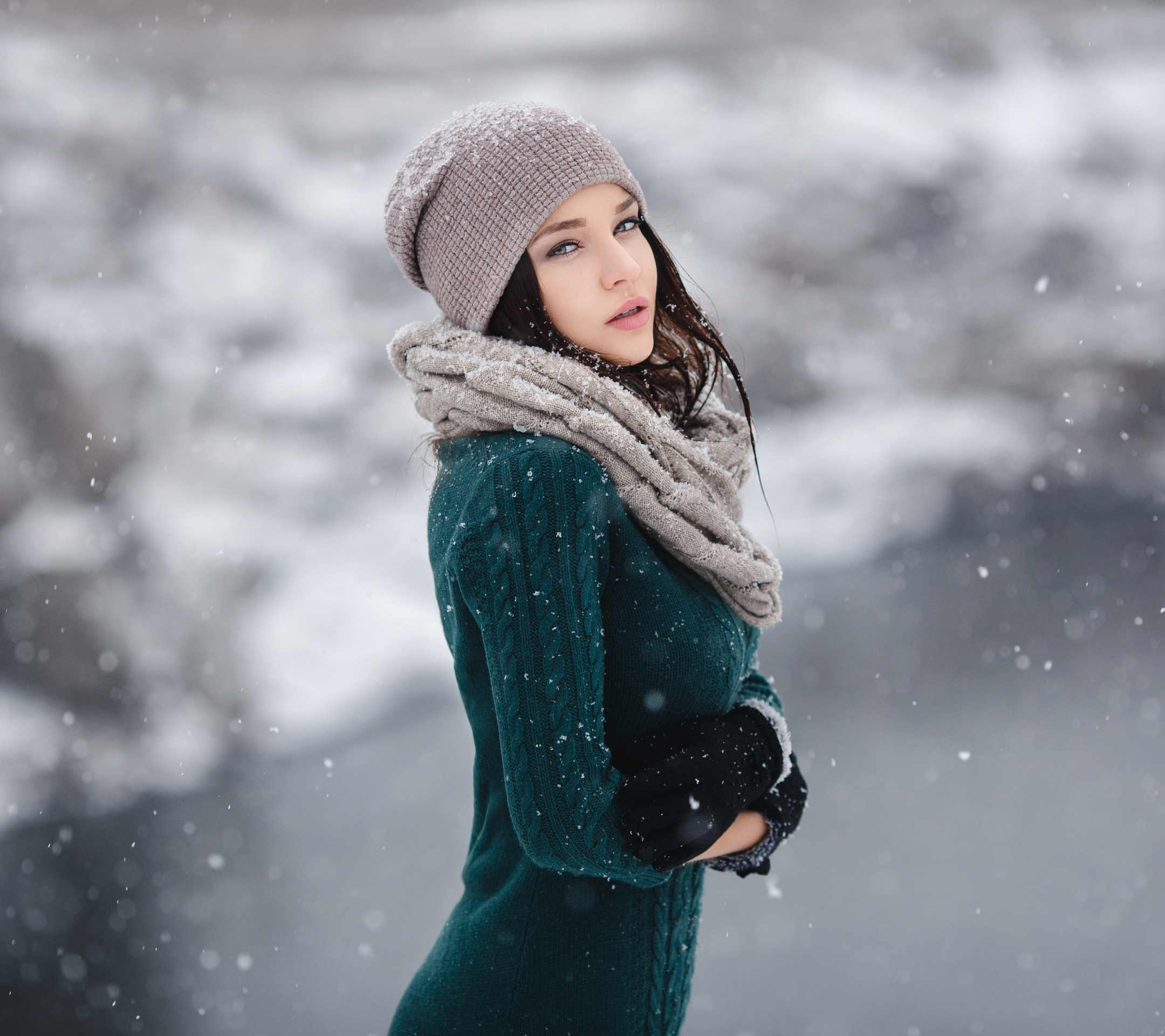 PCデスクトップに冬, 帽子, モデル, 女性, 降雪, スカーフ, アンジェリーナ・ペトロワ画像を無料でダウンロード