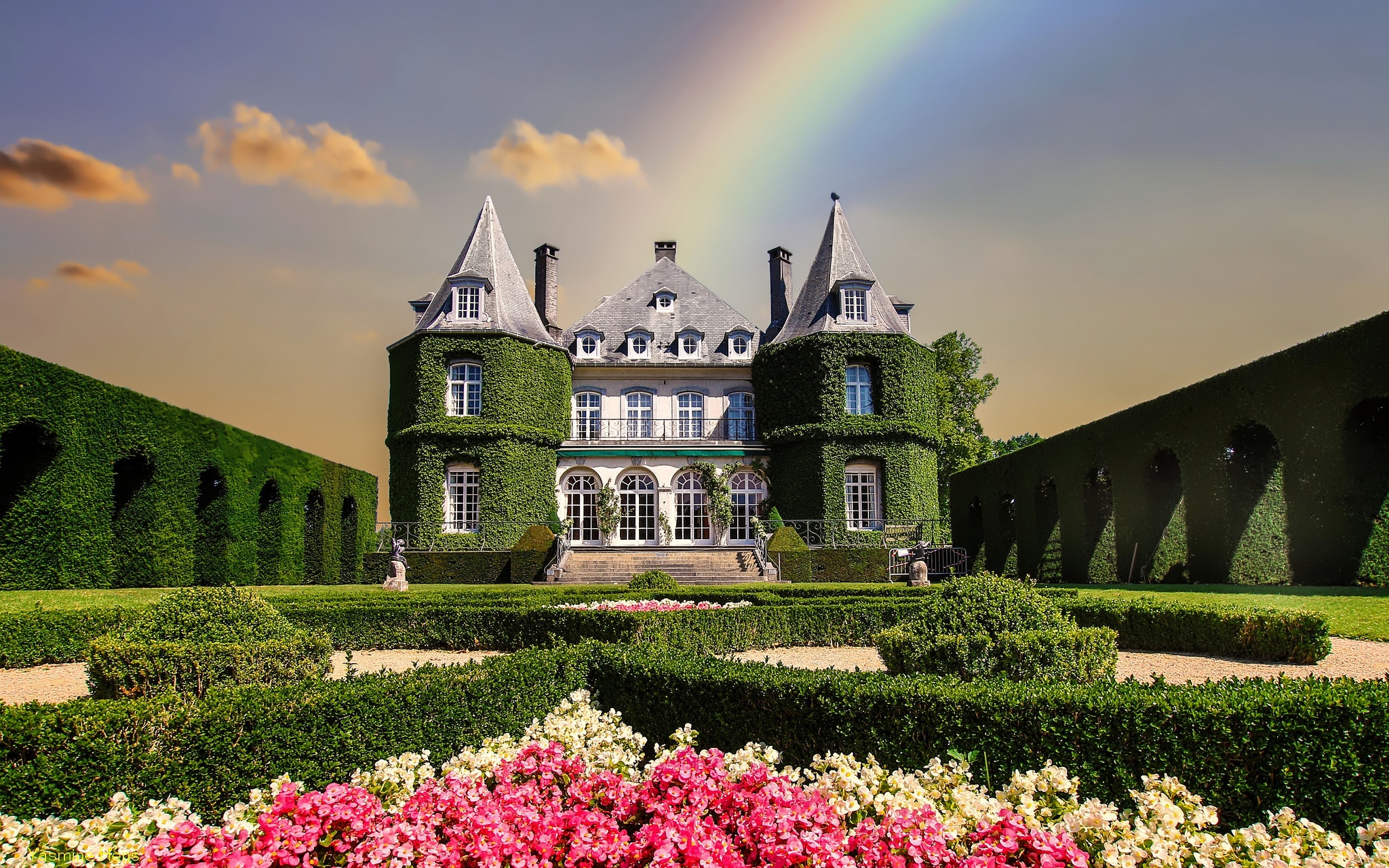 429143 скачать обои сад, замки, радуга, сделано человеком, замок, бельгия, здание, цветок, парк - заставки и картинки бесплатно