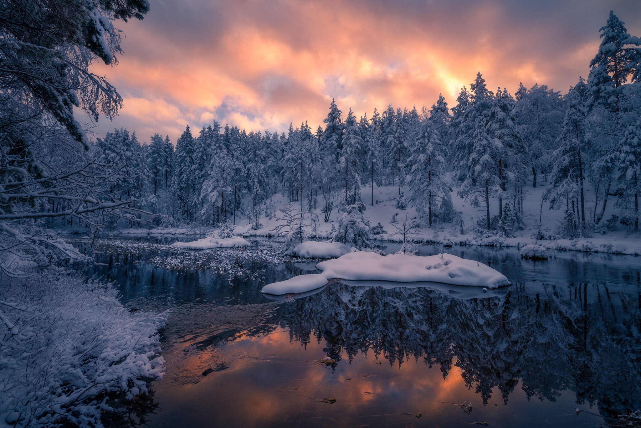 Free download wallpaper Winter, Nature, Snow, Reflection, Forest, Earth, River on your PC desktop