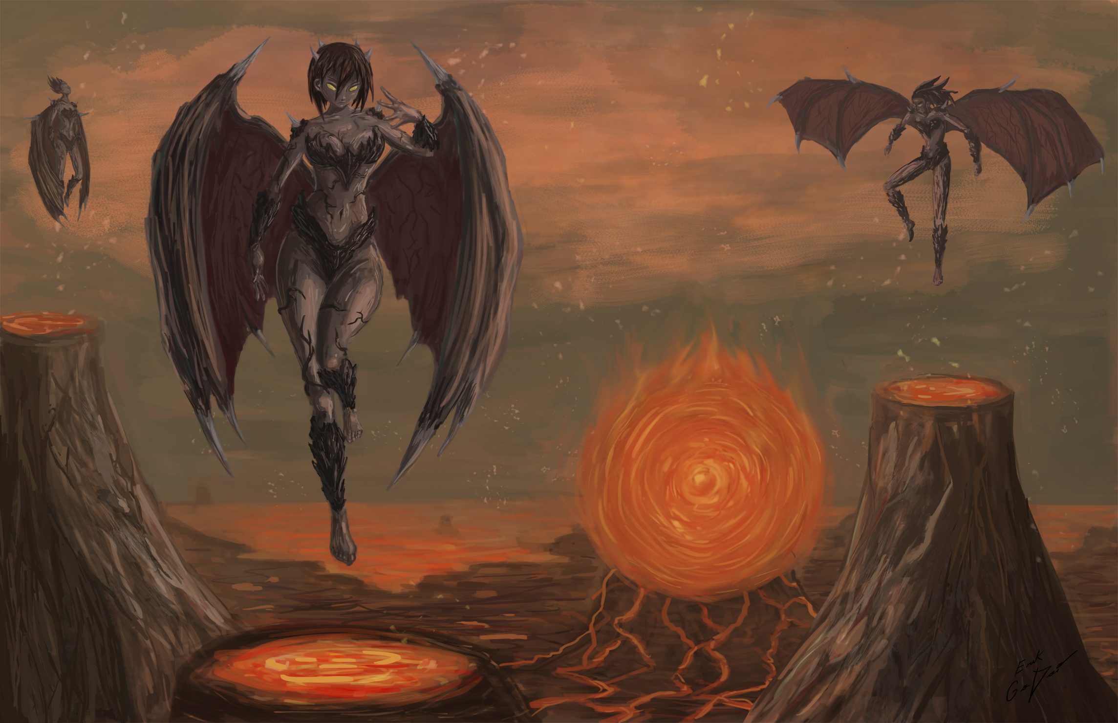 Free download wallpaper Landscape, Fantasy, Wings, Lava, Demon on your PC desktop