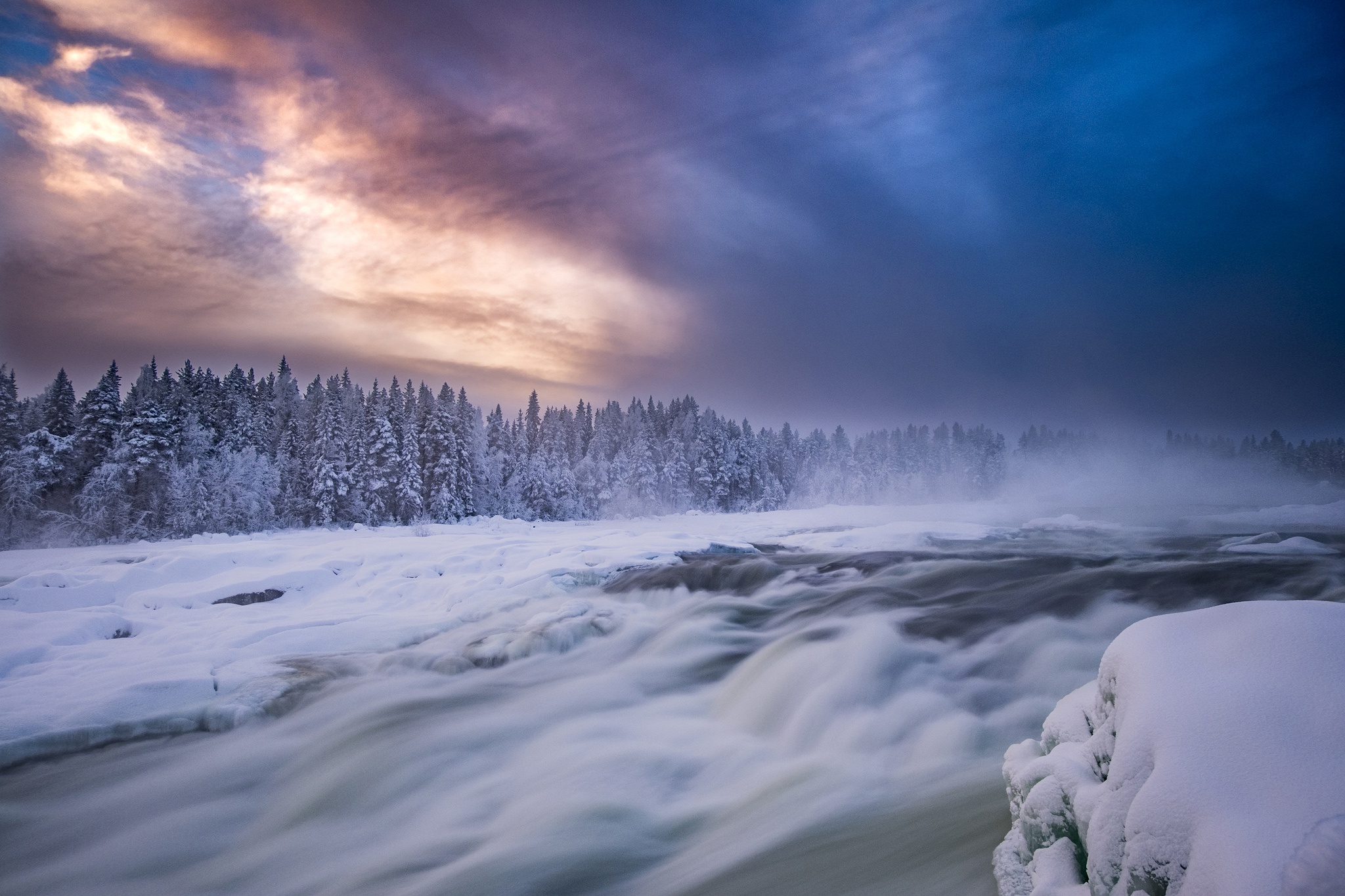 Download mobile wallpaper Winter, Nature, Snow, Forest, Earth, Foam, River for free.