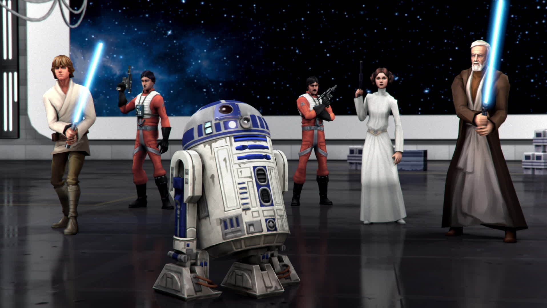 Handy-Wallpaper Computerspiele, R2 D2, Luke Skywalker, Obi Wan Kenobi, Prinzessin Leia, Star Wars: Galaxy Of Heroes kostenlos herunterladen.