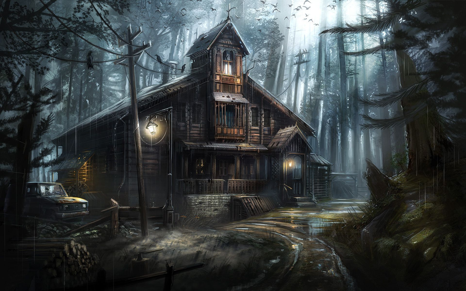 Download mobile wallpaper Forest, House, Artistic, Haunted for free.