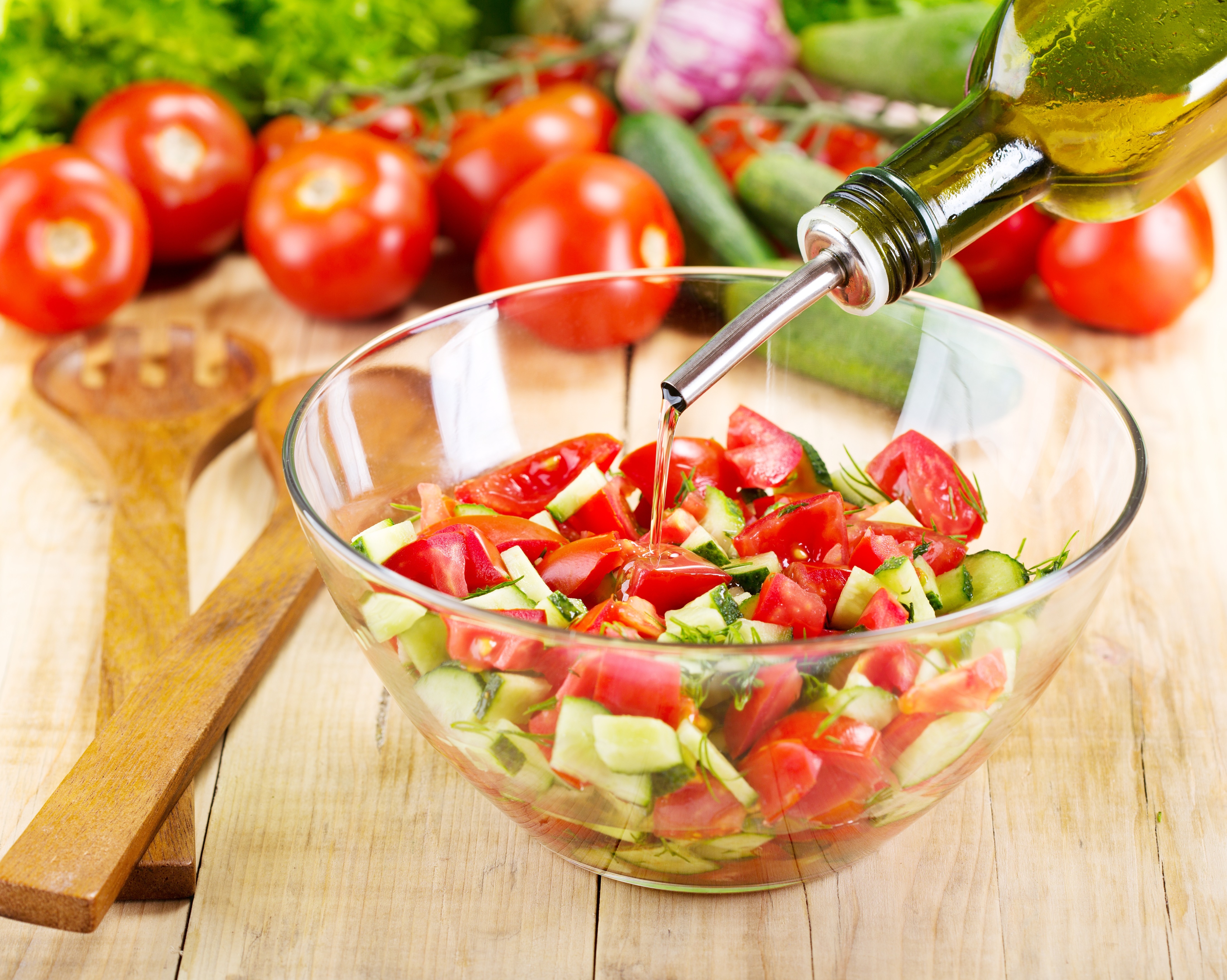 food, salad, cucumber, oil, still life, tomato