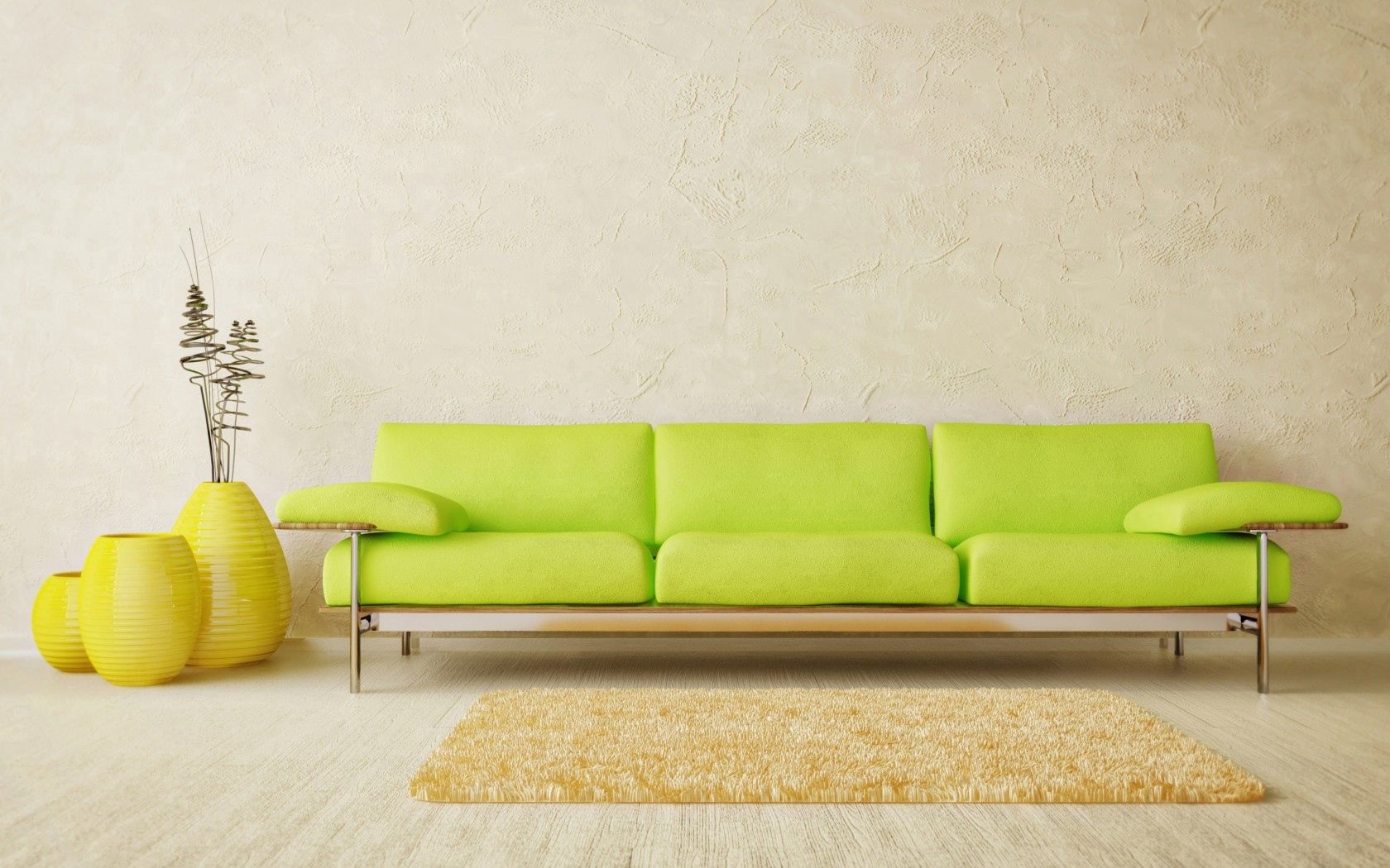 70697 скачать картинку минимализм, интерьер, желтые, разное, светлый, зеленый, дизайн, стиль, диван, комната, вазы, паркет, коврик - обои и заставки бесплатно