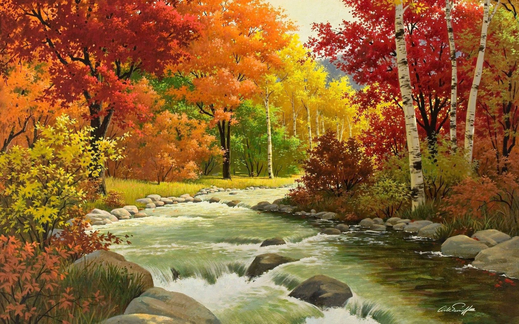 rivers, autumn, painting, nature, forest, landscape