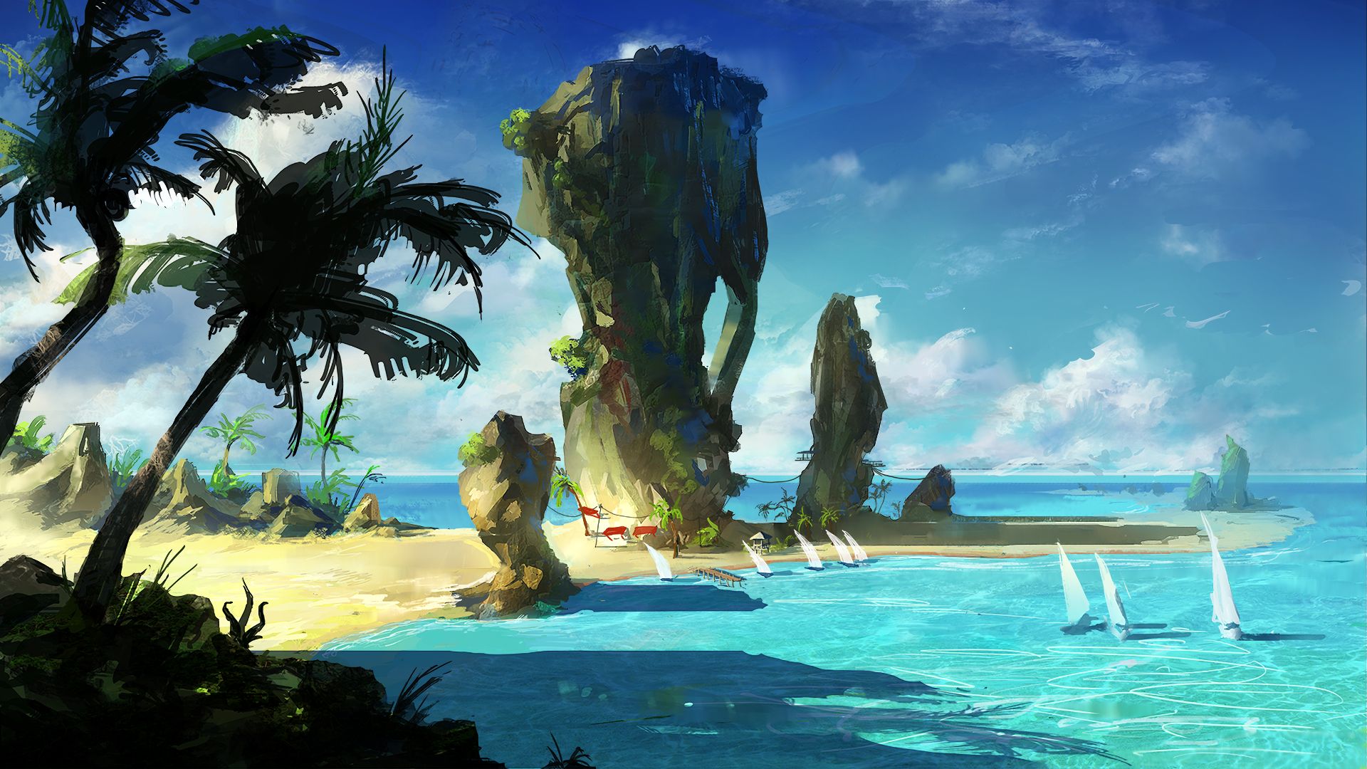 Laden Sie das Strand, Horizont, Ozean, Palme, Boot, Szene, Original, Himmel, Animes-Bild kostenlos auf Ihren PC-Desktop herunter