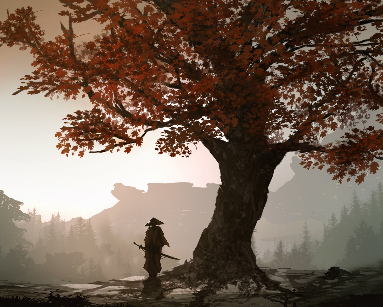 Download mobile wallpaper Fantasy, Tree, Fall, Warrior, Samurai for free.