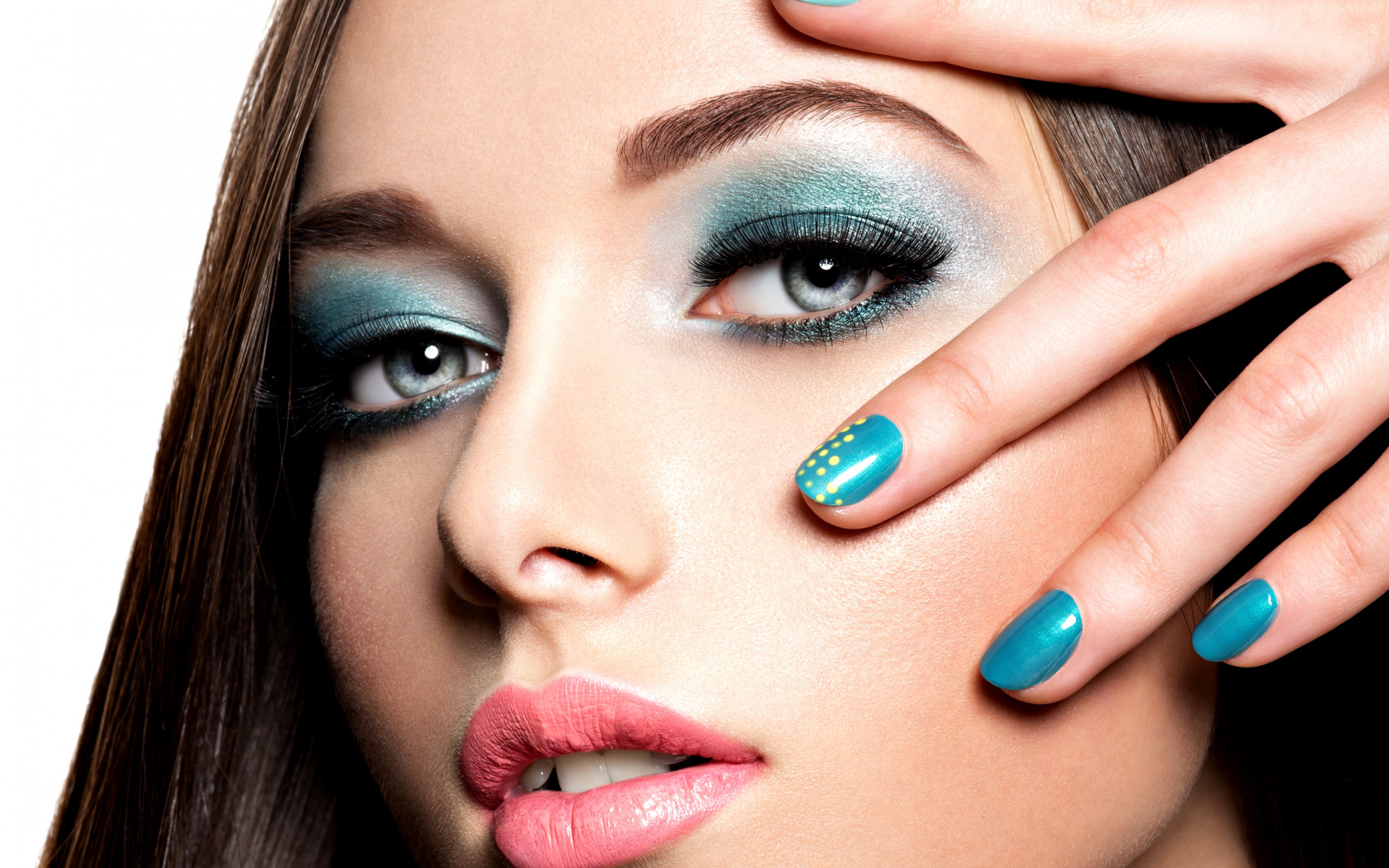 women, model, blue eyes, face, finger, makeup