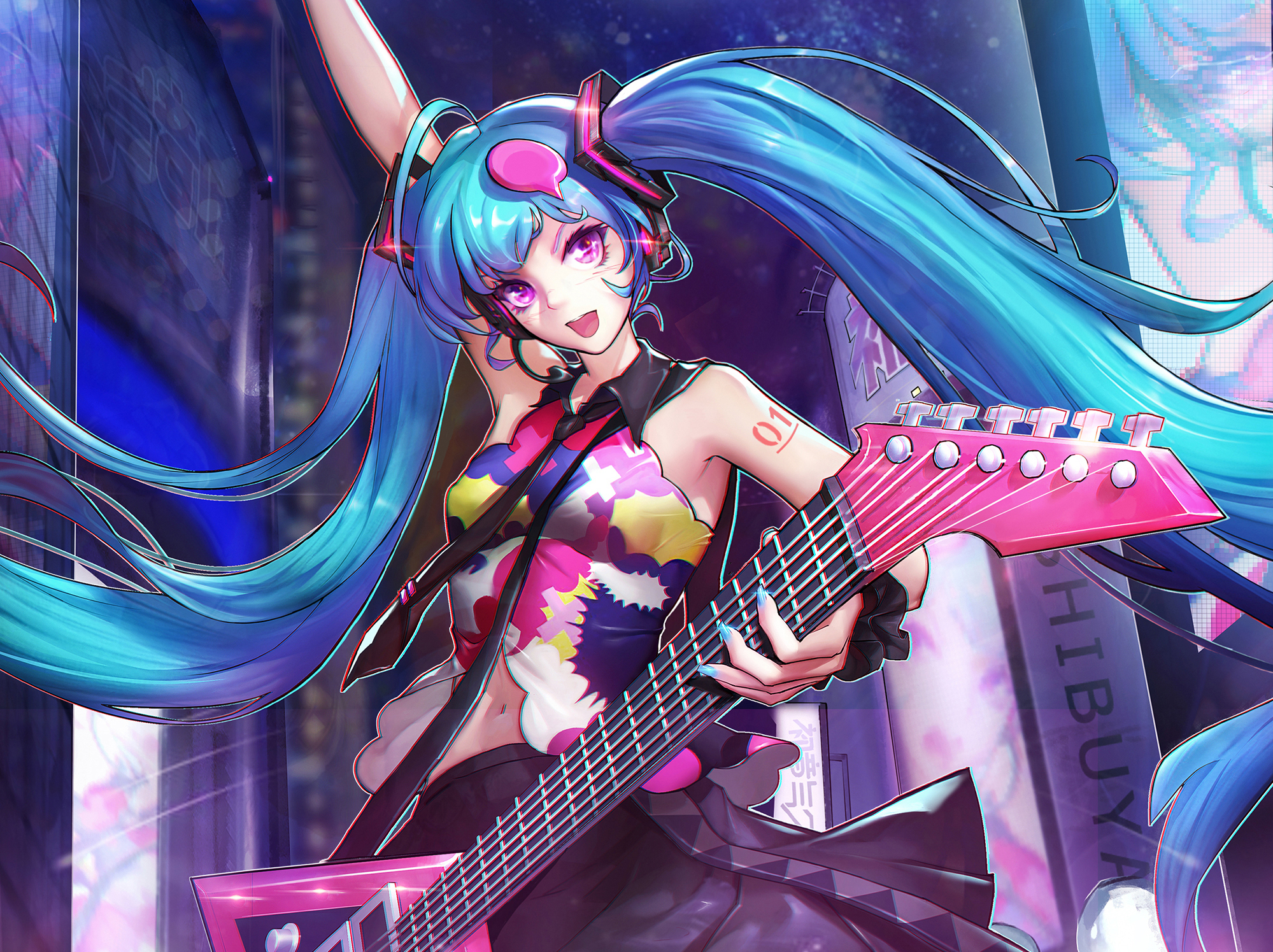 Download mobile wallpaper Anime, Guitar, Vocaloid, Blue Hair, Hatsune Miku, Long Hair, Purple Eyes, Twintails for free.
