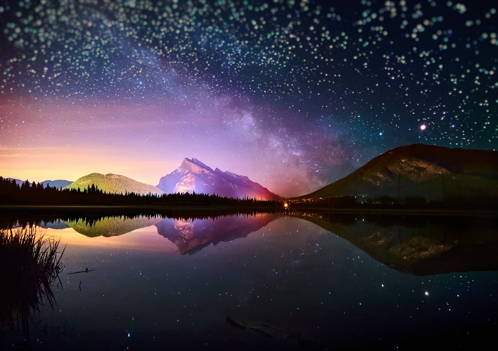 nature, night, starry sky, reflection, earth, lake, mountain, stars