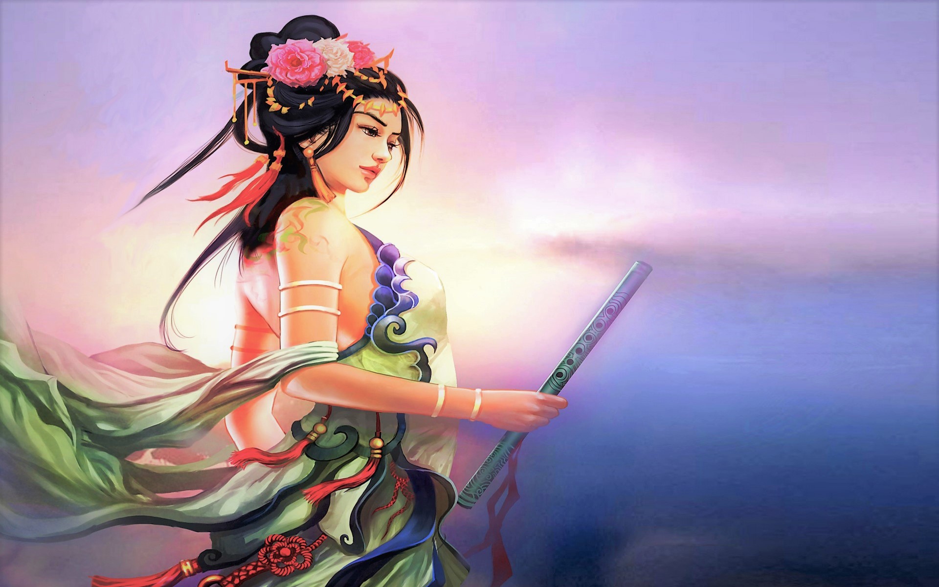 Download mobile wallpaper Fantasy, Flower, Women, Japanese, Flute for free.