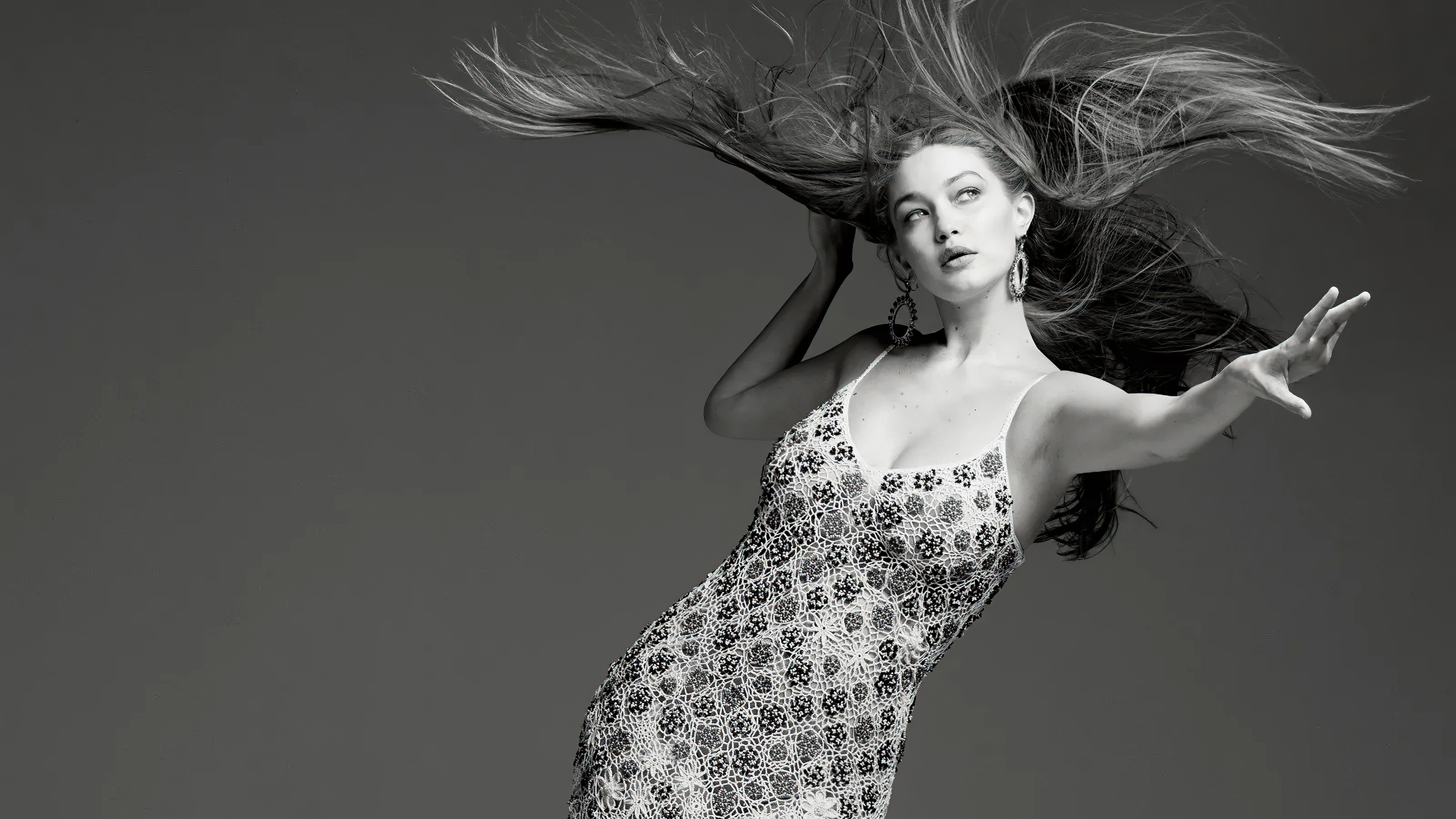 Download mobile wallpaper Dress, Model, American, Celebrity, Black & White, Long Hair, Gigi Hadid for free.