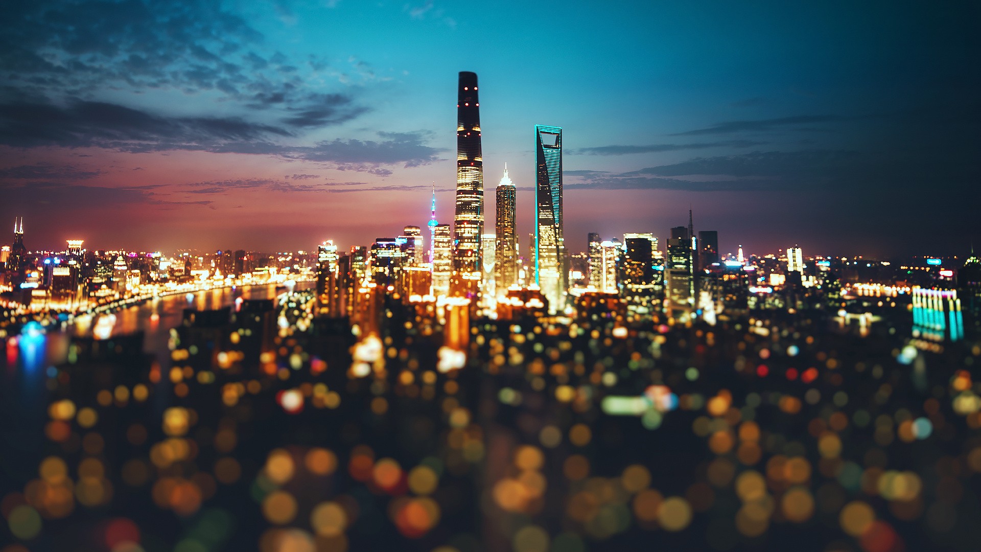 無料モバイル壁紙都市, 超高層ビル, 建物, 夕暮れ, ボケ, 中国, 上海, 夜, マンメイドをダウンロードします。