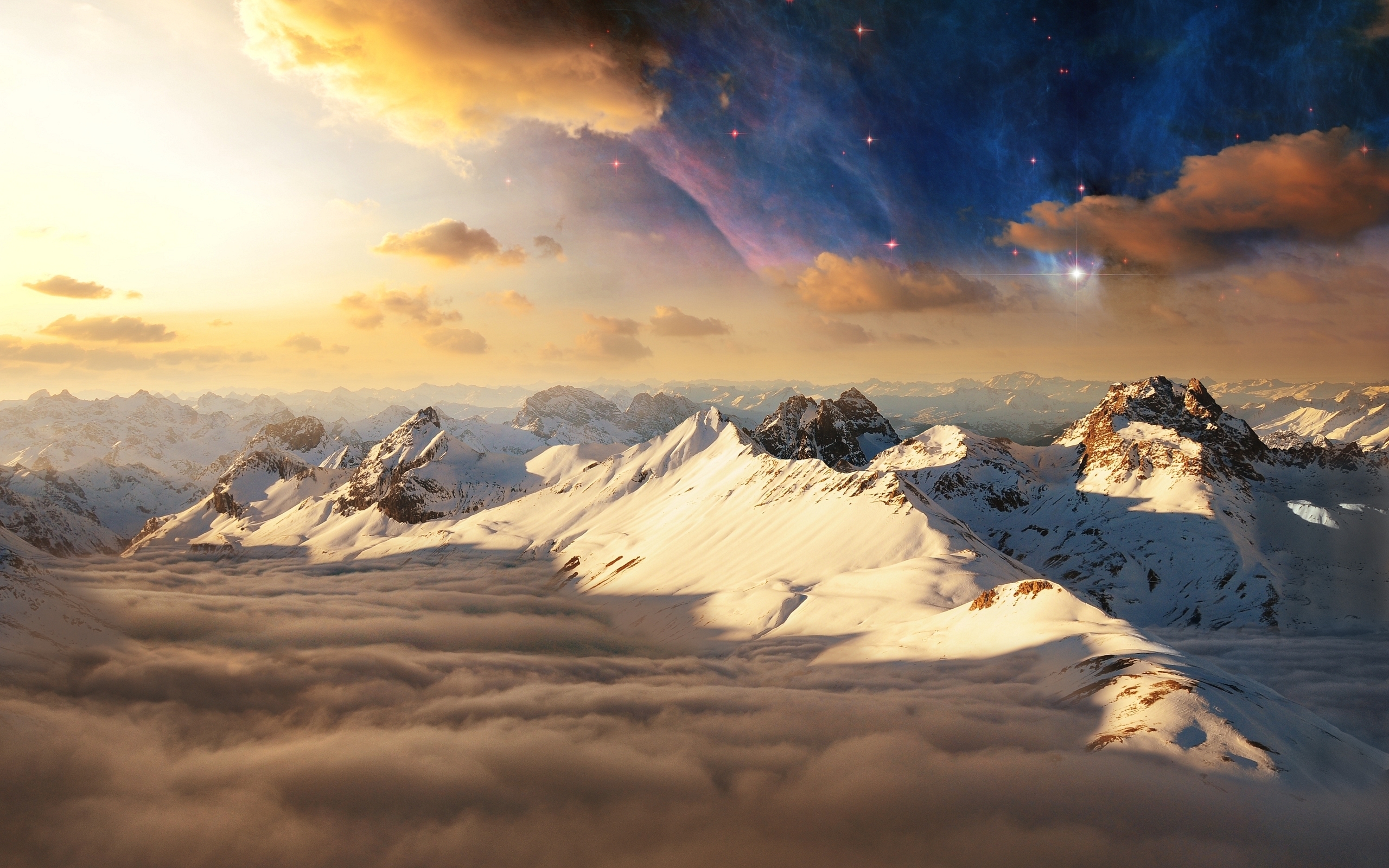 Download mobile wallpaper Manipulation, Winter, Photography, Earth, Starry Sky, Stars, Cloud, Sky, Landscape for free.