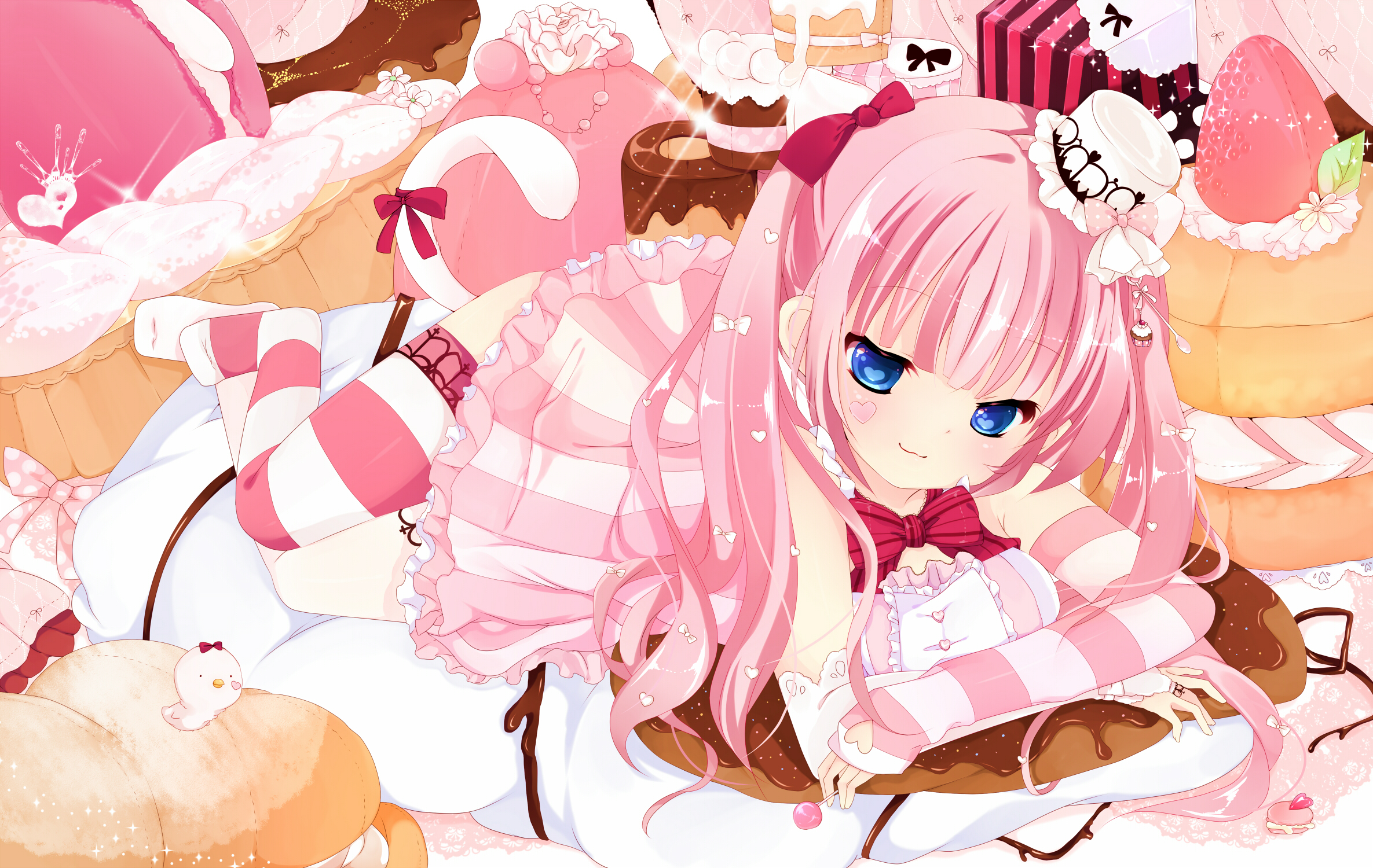 Download mobile wallpaper Anime, Food, Pillow, Tail, Hat, Sweets, Blue Eyes, Original, Pink Hair, Long Hair, Thigh Highs, Bow (Clothing) for free.