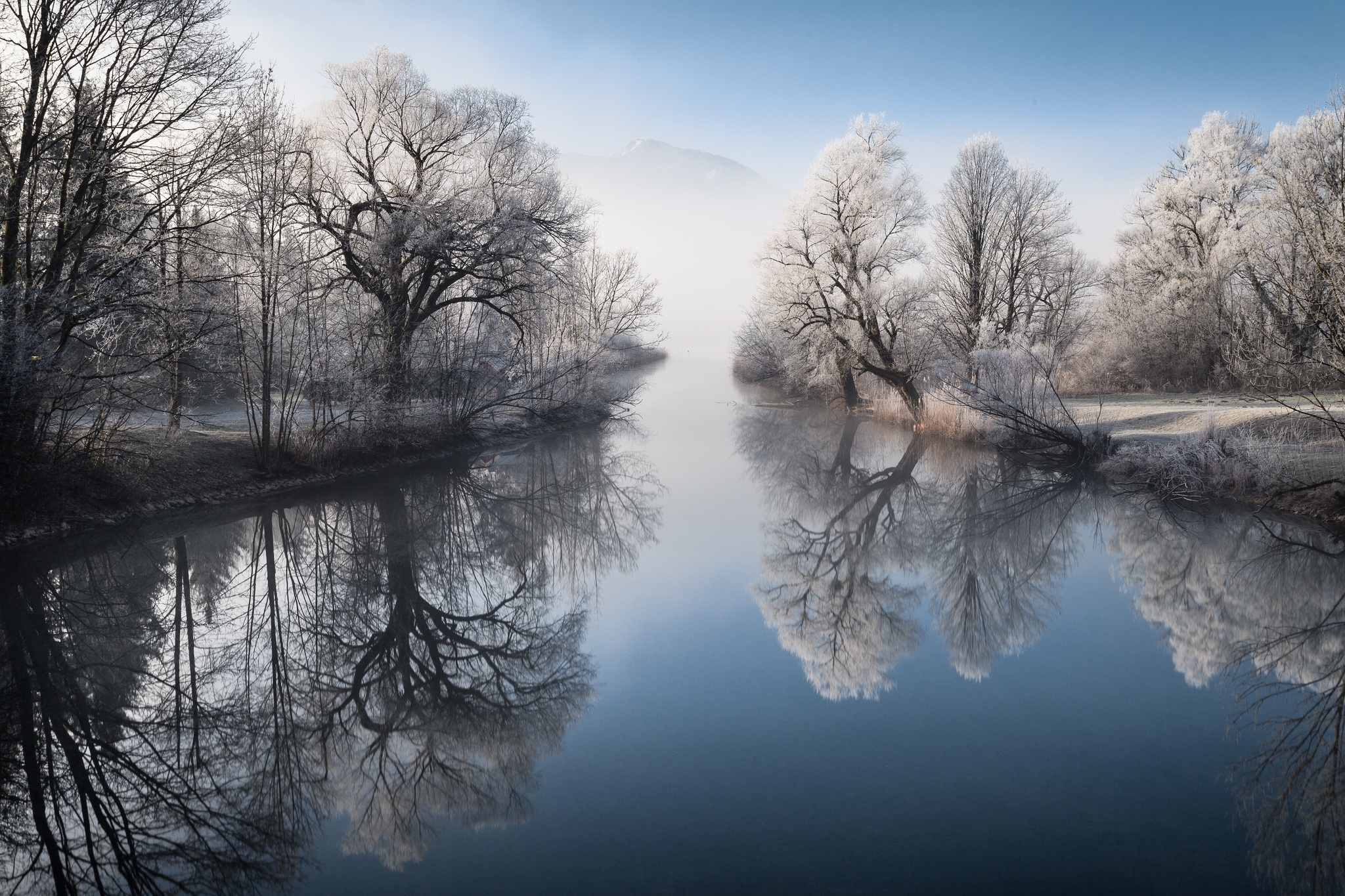 Download mobile wallpaper Winter, Nature, Reflection, Earth, River for free.