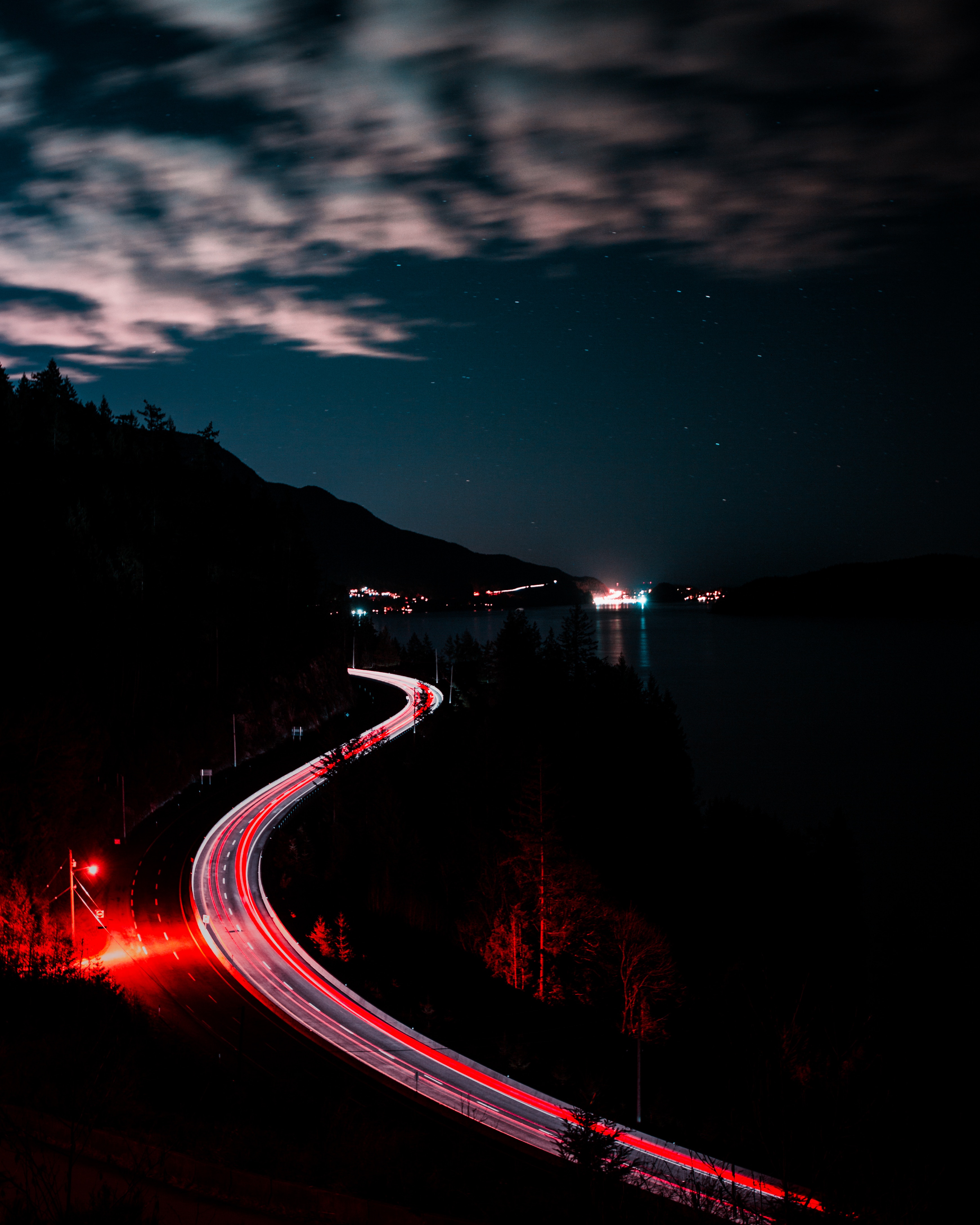 Download mobile wallpaper Sky, Road, Turn, Mountains, Night, Dark for free.