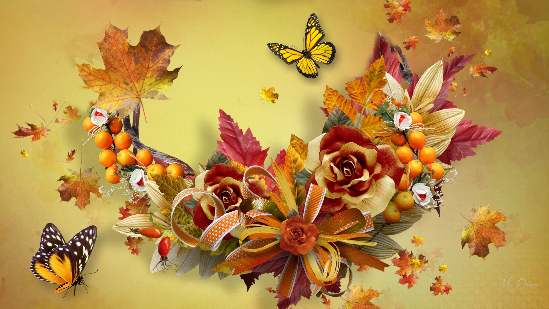 Download mobile wallpaper Flower, Leaf, Fall, Butterfly, Artistic for free.