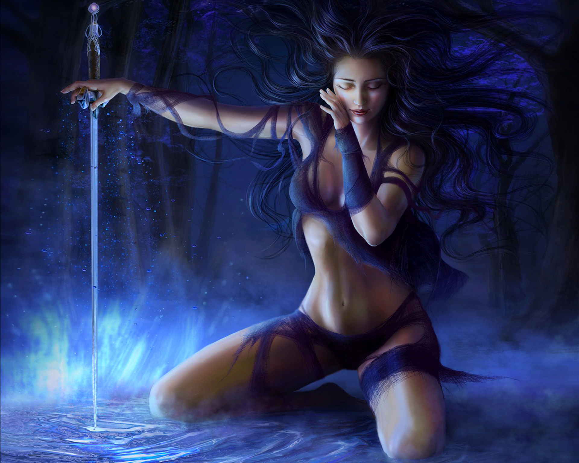 women, glow, fantasy, barefoot, long hair, purple hair, sword, weapon