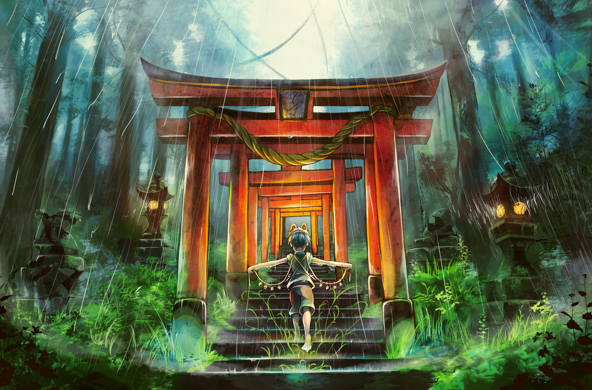 Download mobile wallpaper Anime, Rain, Forest, Stairs, Shrine for free.