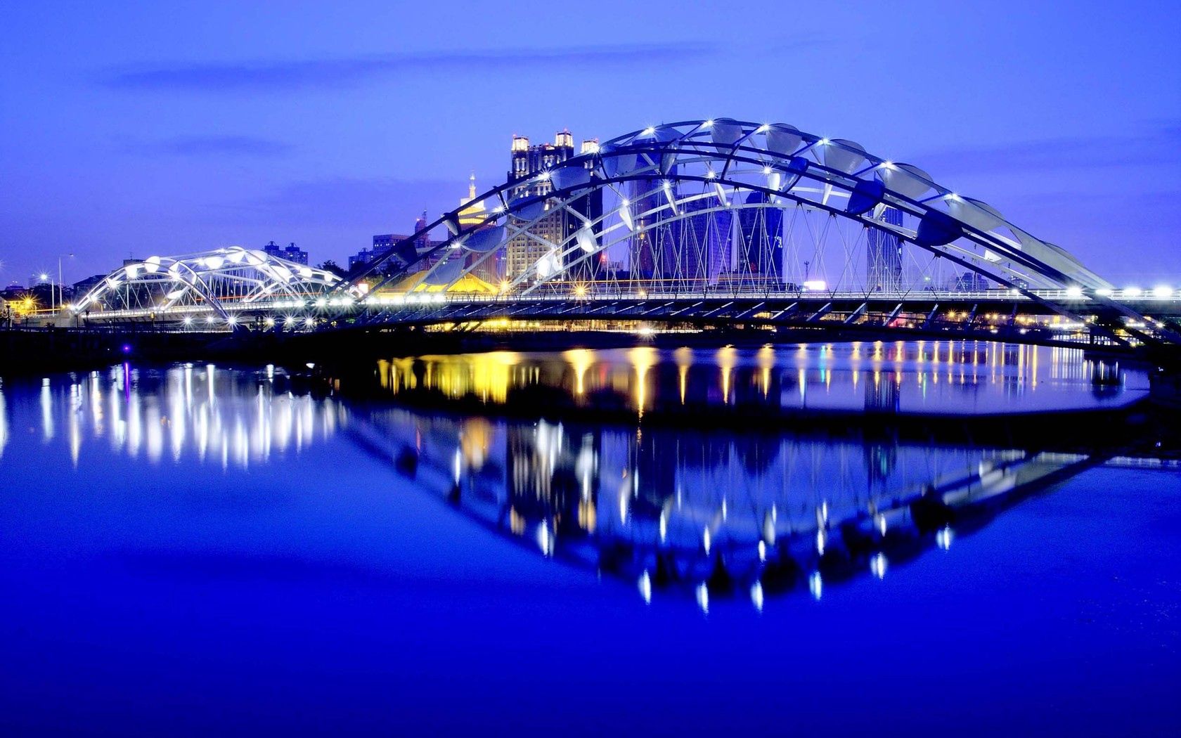 reflection, cities, night, city, lights, bridge for android