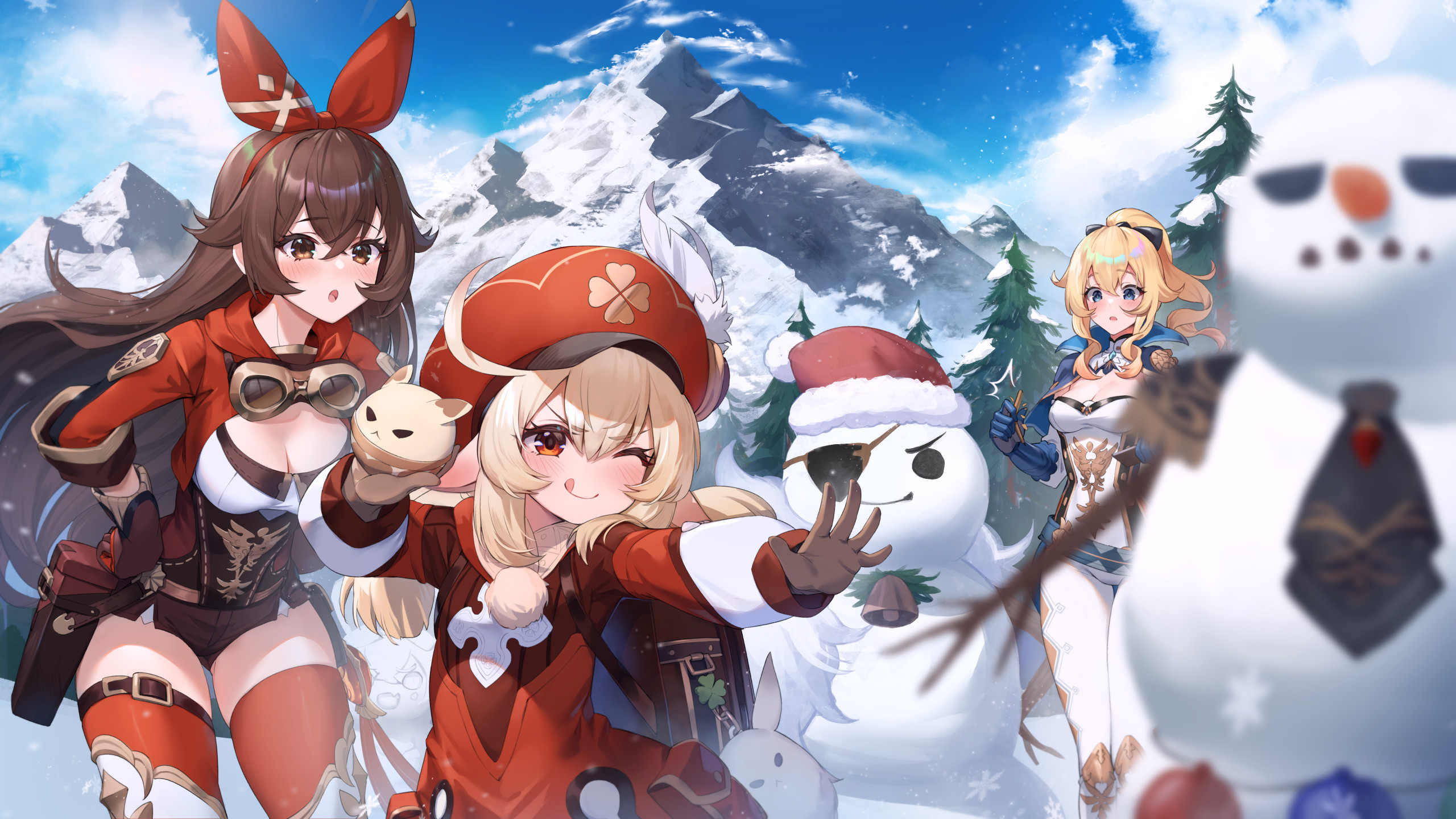 Download mobile wallpaper Snowman, Video Game, Genshin Impact, Jean (Genshin Impact), Klee (Genshin Impact), Amber (Genshin Impact) for free.