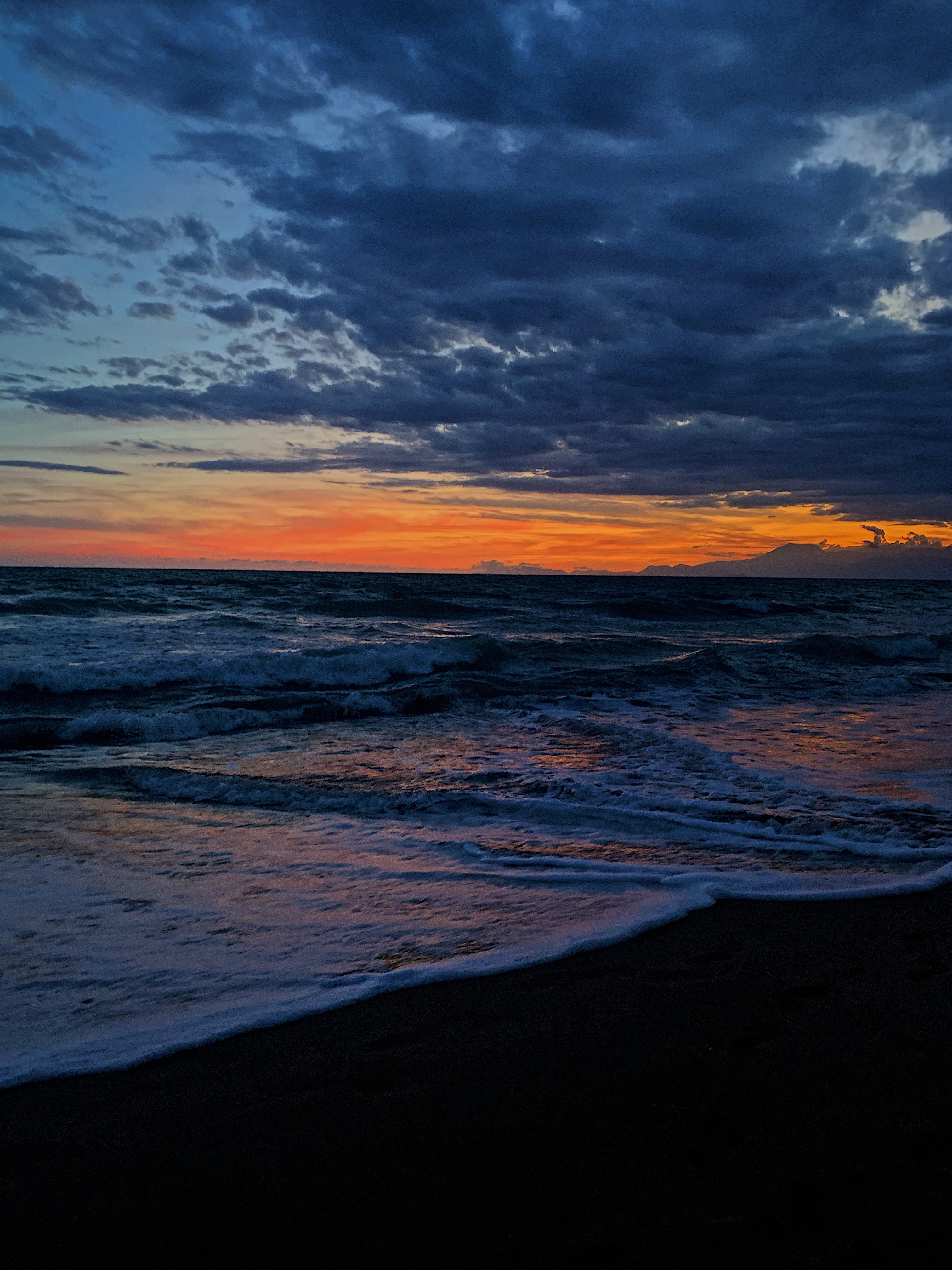 nature, sunset, horizon, coast, tide, high tide