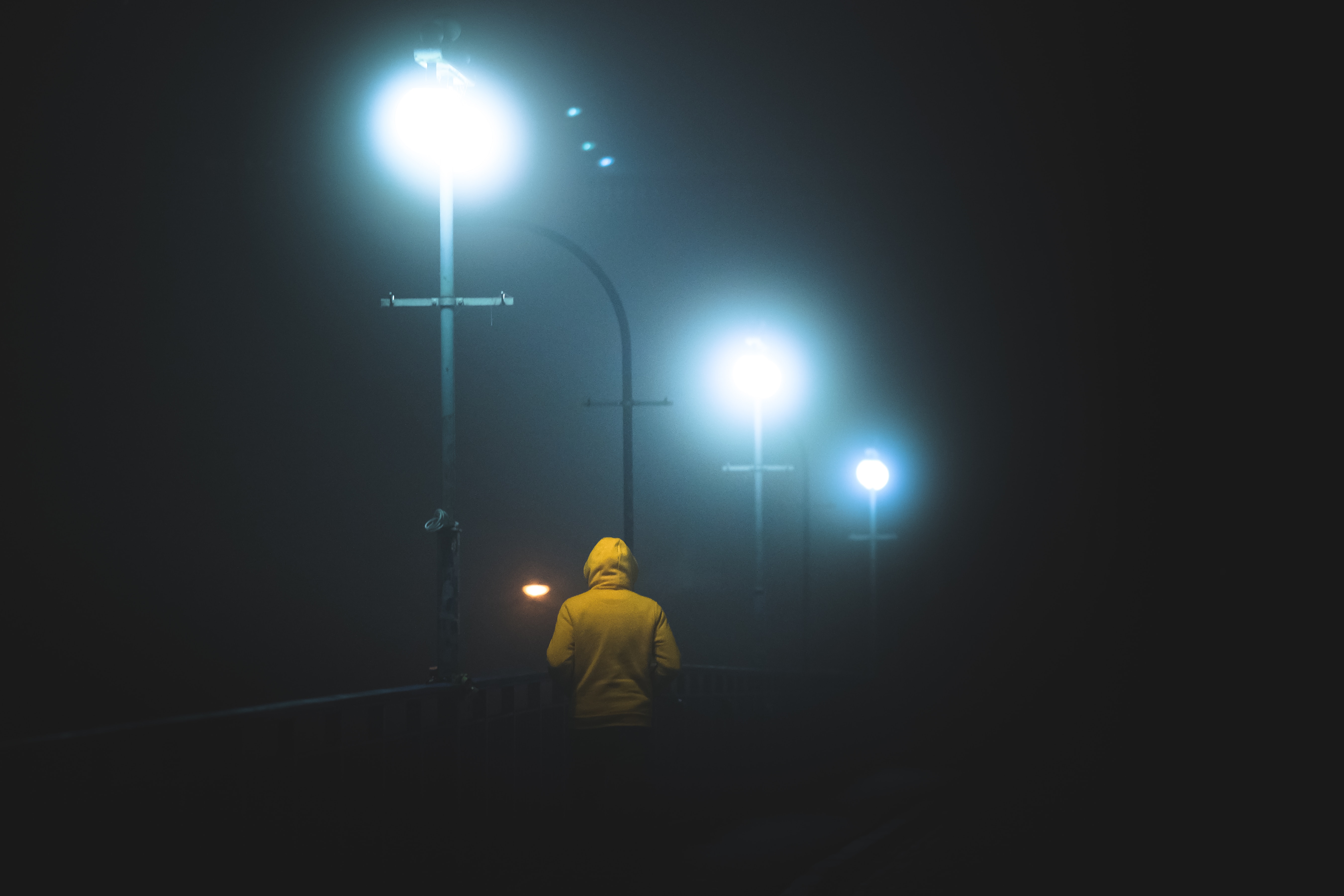 human, dark, night, lights, miscellanea, miscellaneous, fog, lanterns, person 4K Ultra
