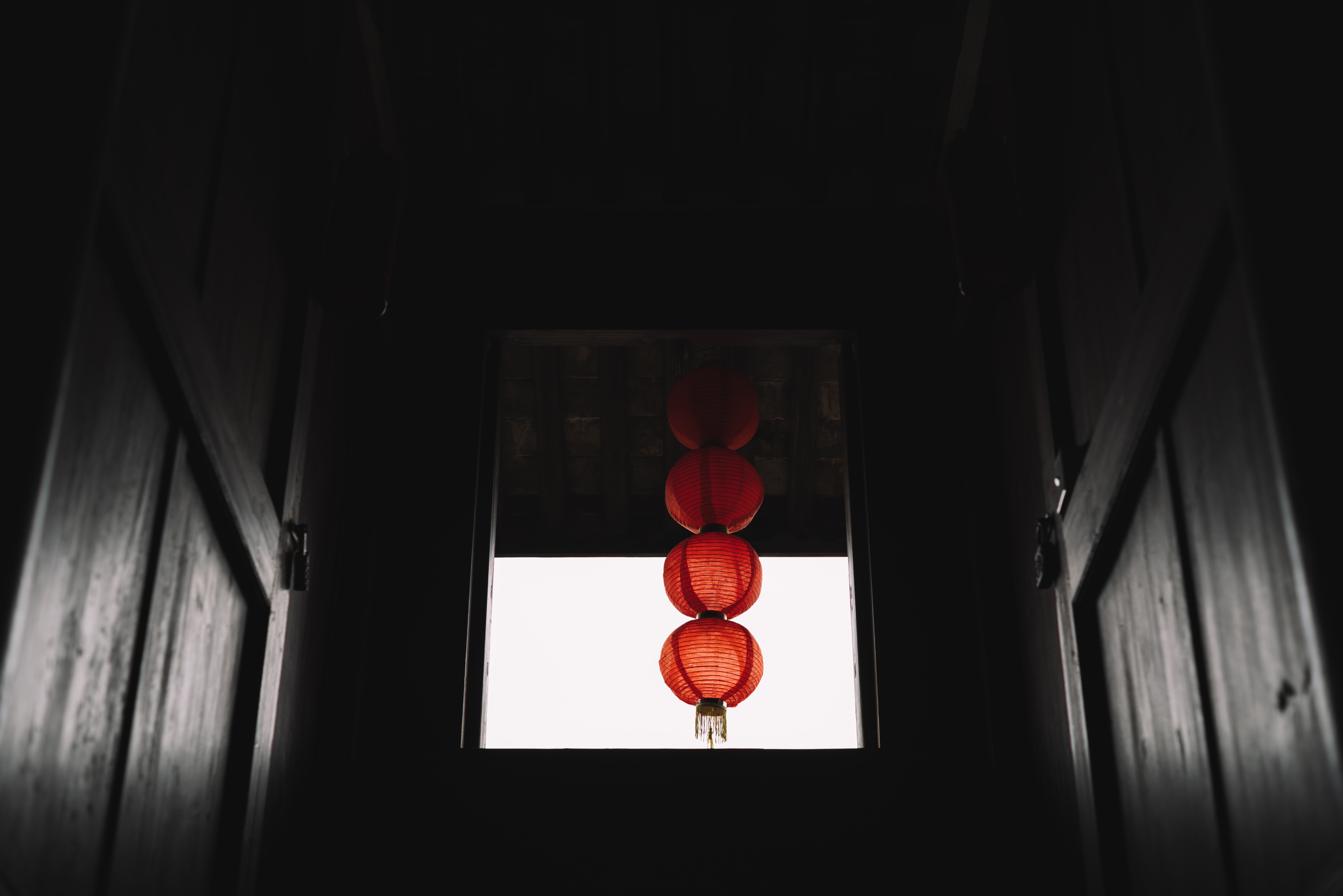 red, dark, window, premises, room, chinese lantern