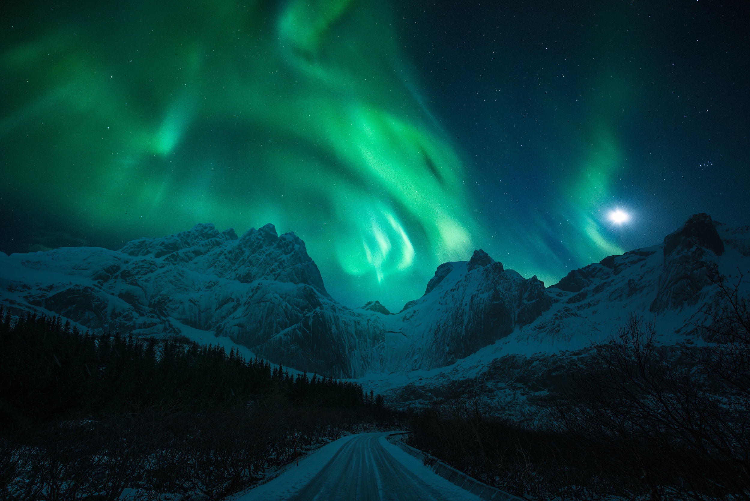 Download mobile wallpaper Winter, Nature, Night, Mountain, Road, Earth, Aurora Borealis for free.