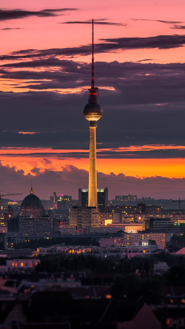 Download mobile wallpaper Cities, Sunset, Berlin, City, Building, Horizon, Cityscape, Germany, Man Made for free.