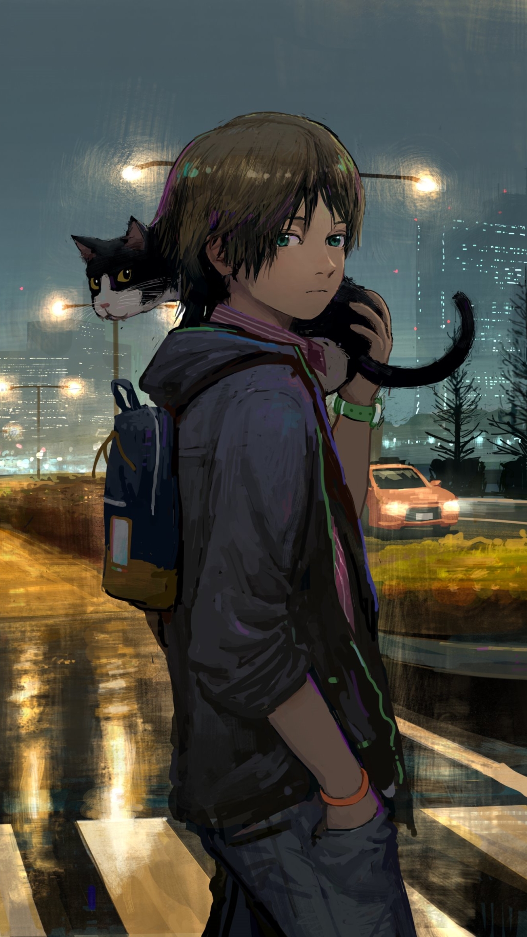 Download mobile wallpaper Anime, Night, Building, Road, Cat, Boy for free.