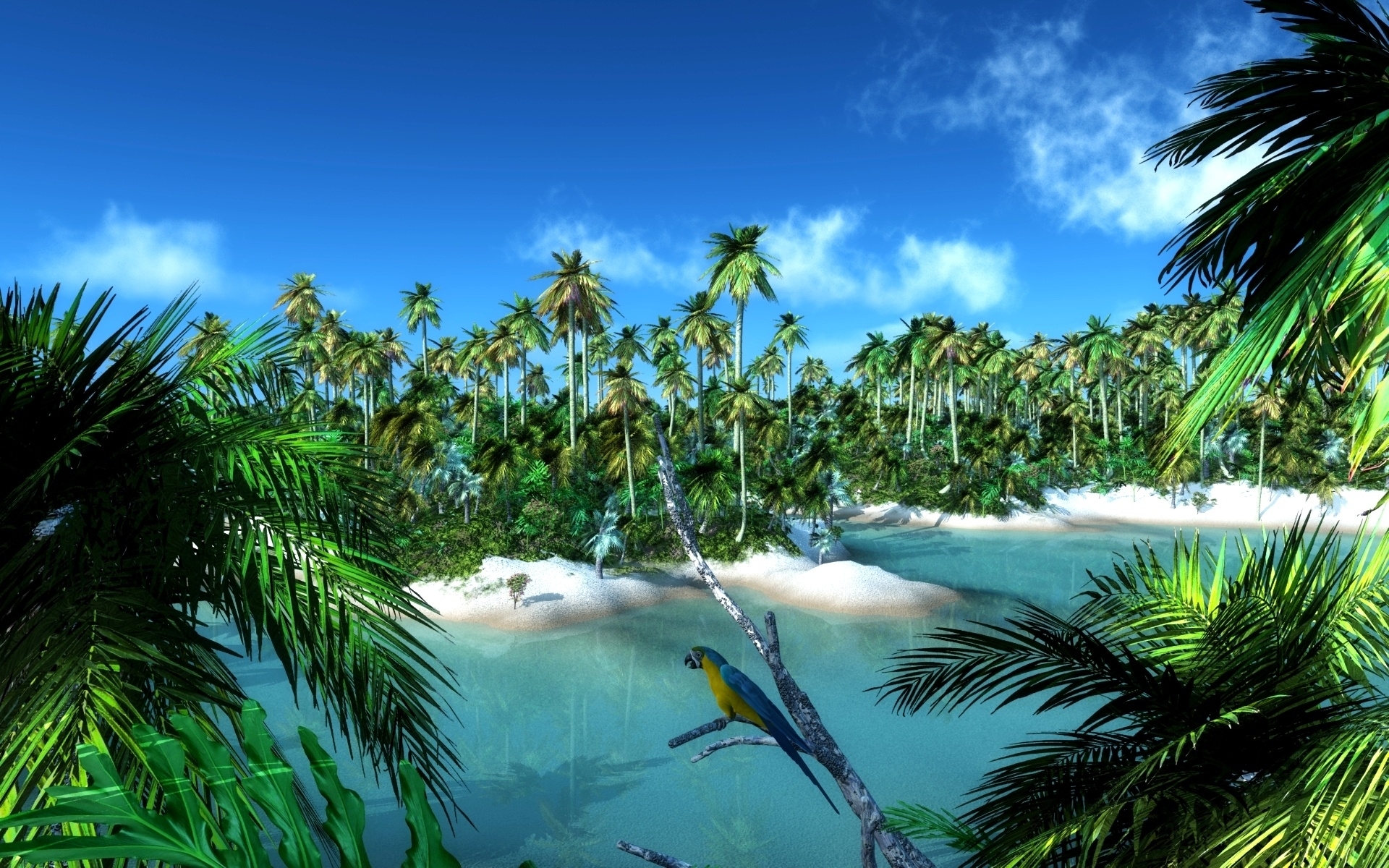 Handy-Wallpaper Palms, Landschaft, Kunst, Wasser, Papageien kostenlos herunterladen.