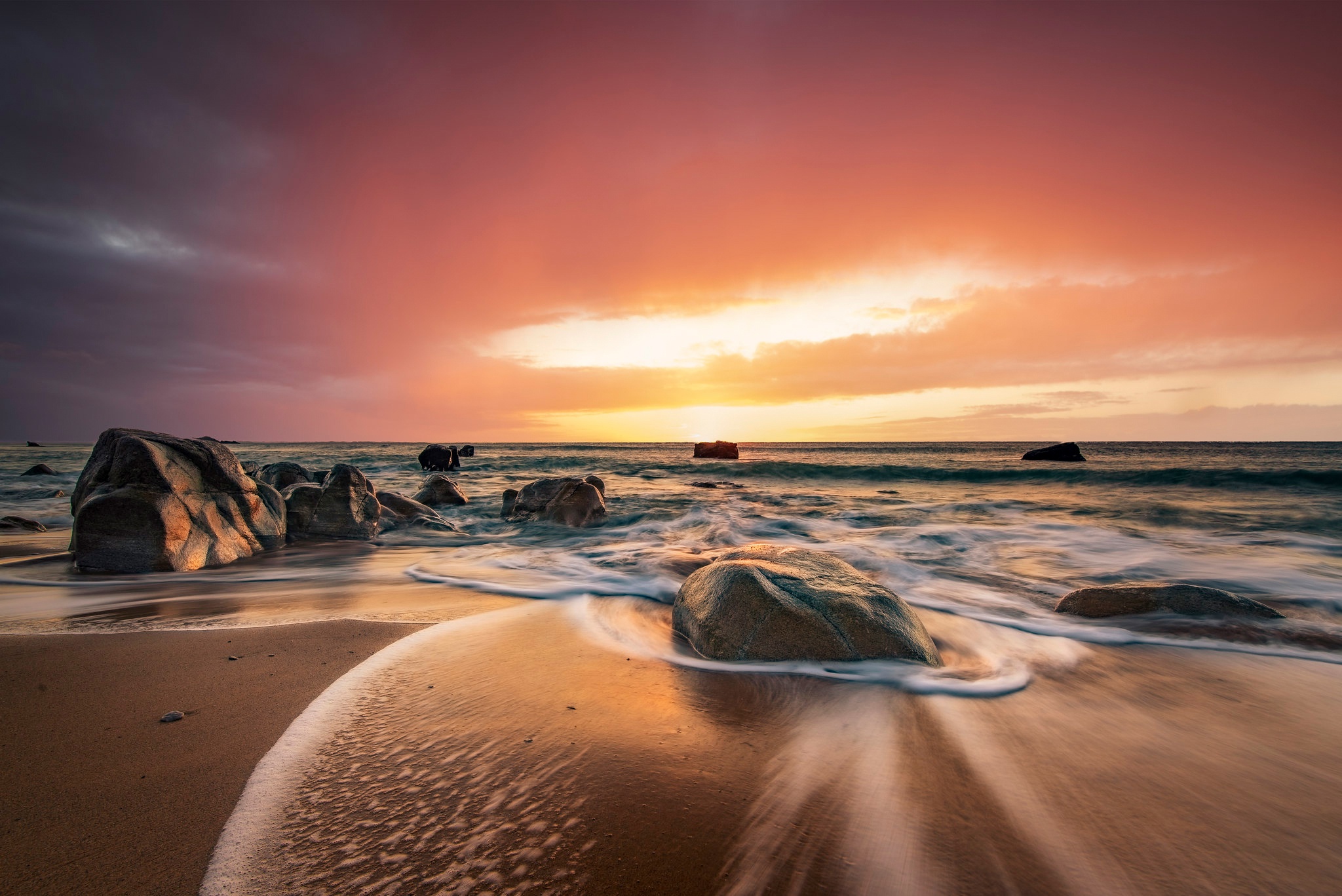 Download mobile wallpaper Sunset, Sky, Sea, Beach, Sand, Horizon, Ocean, Earth for free.