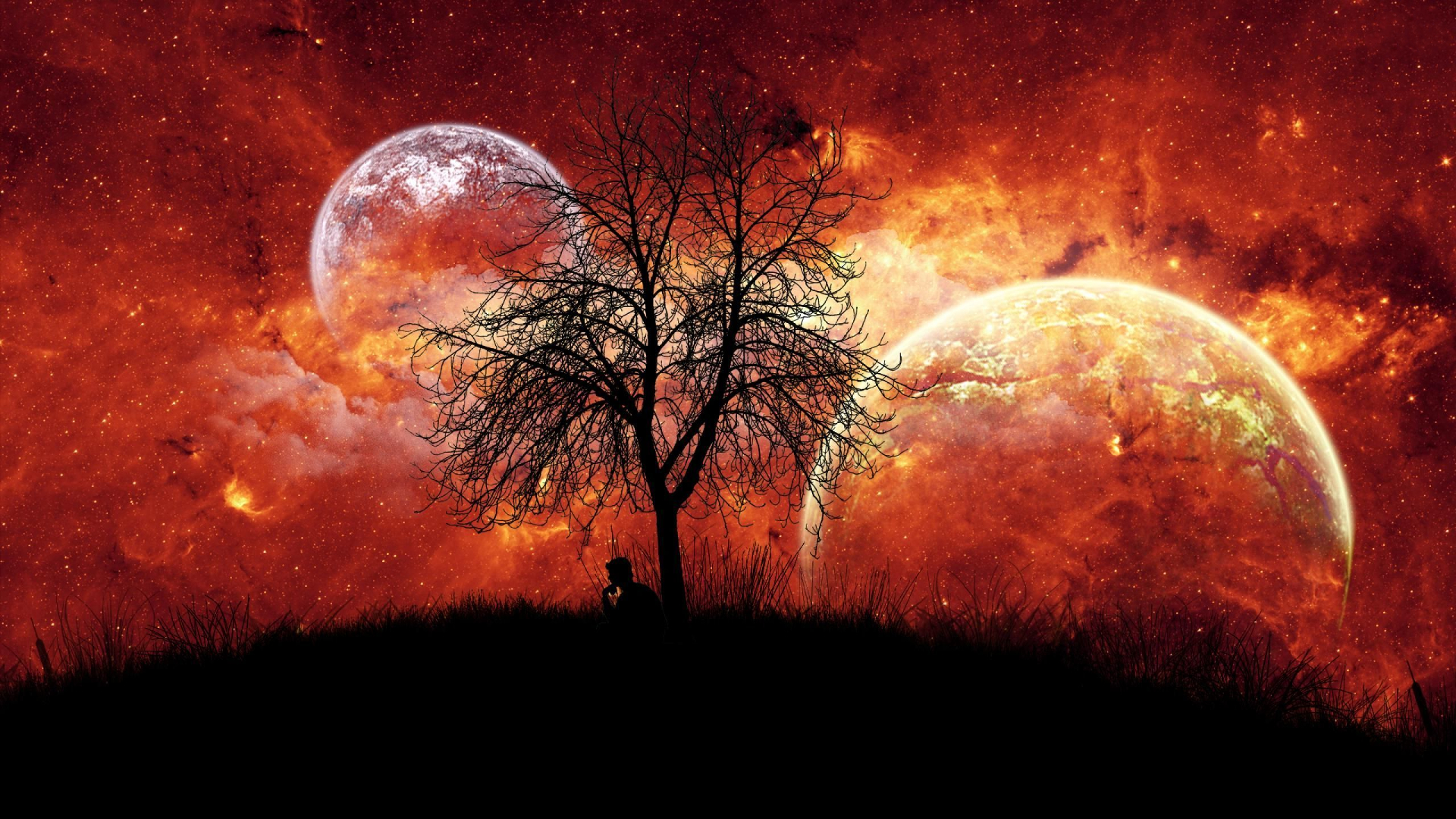 Скачать обои бесплатно Звезды, Луна, Силуэт, Красный, Дерево, Планета, Фантазия, Художественные картинка на рабочий стол ПК