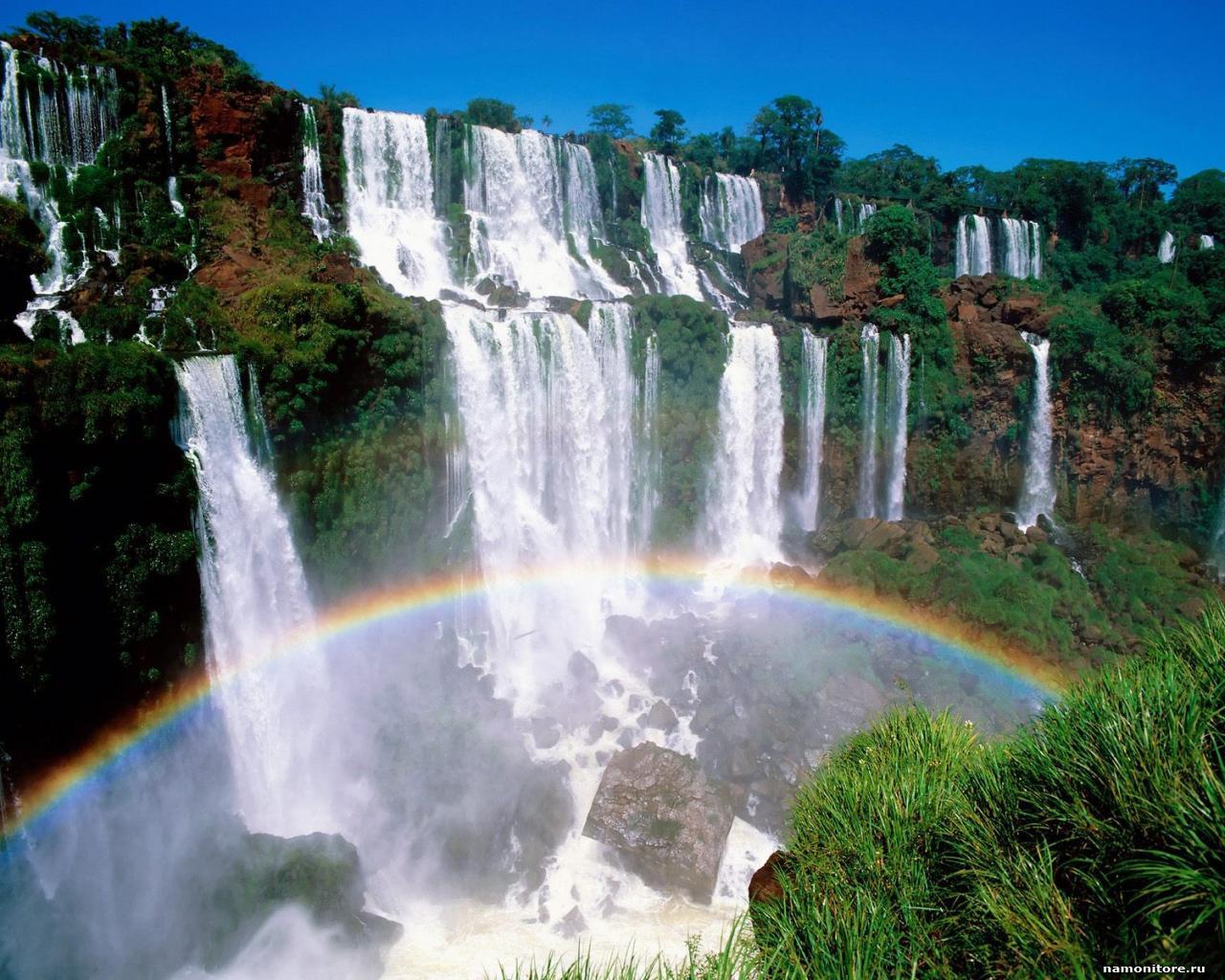 Download mobile wallpaper Landscape, Waterfalls, Rainbow for free.