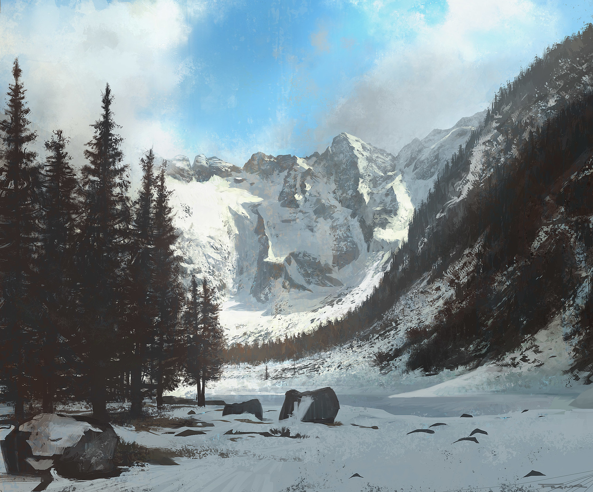 Free download wallpaper Landscape, Fantasy, Sky, Snow, Mountain, Tree, Cloud on your PC desktop