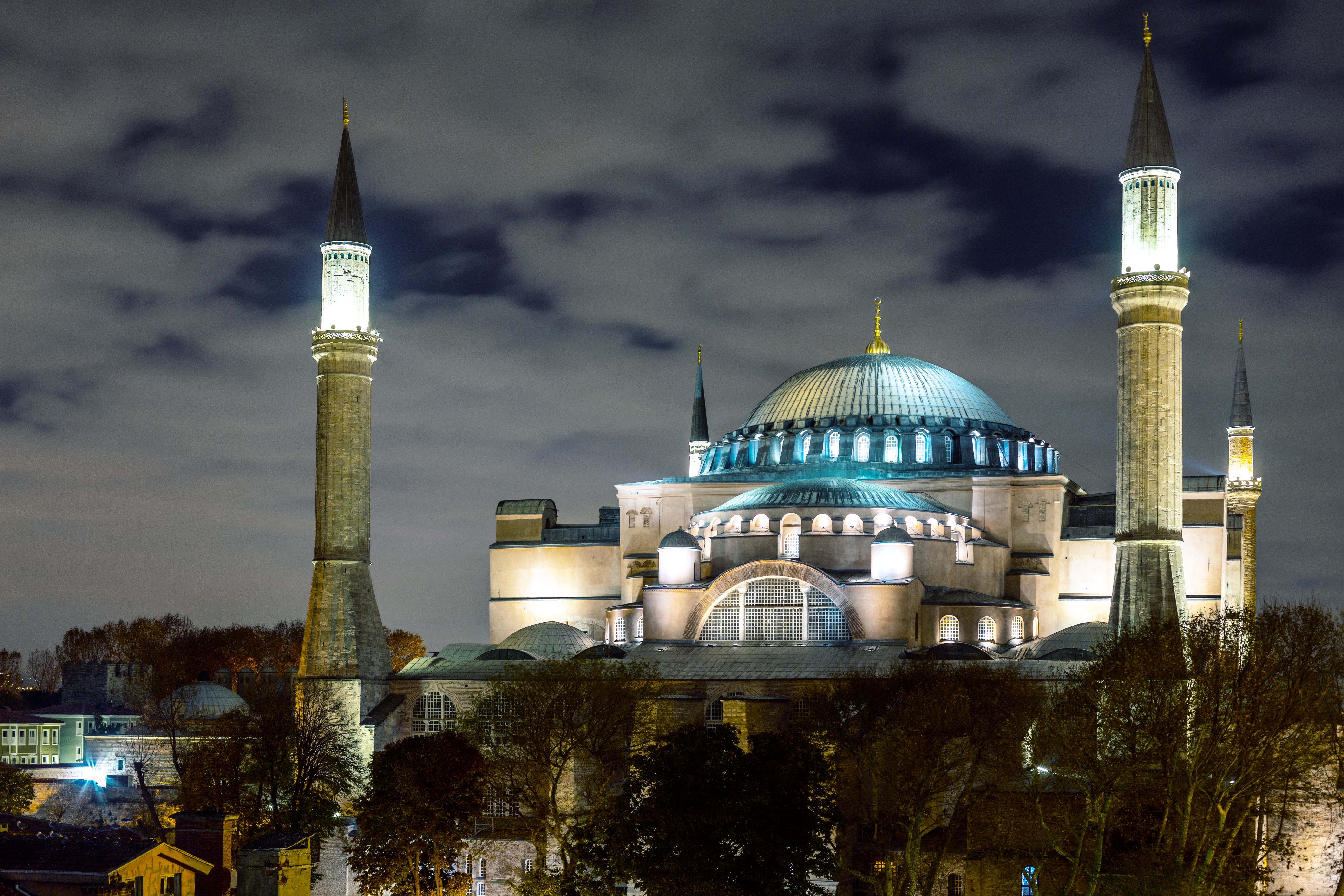 1528872 скачать картинку стамбул, мечеть, турция, архитектура, мечети, ночь, религиозные, собор святой софии, купол - обои и заставки бесплатно